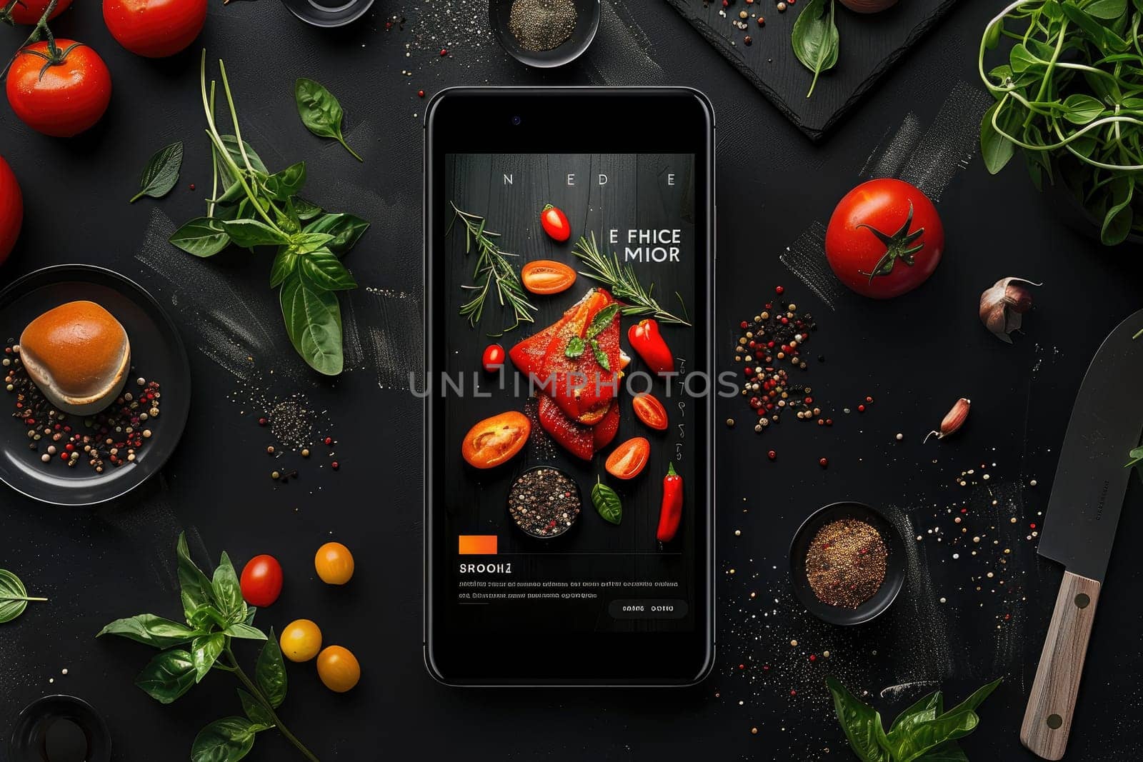 UI Application design for food school, dynaic, black, white, orange and red colors