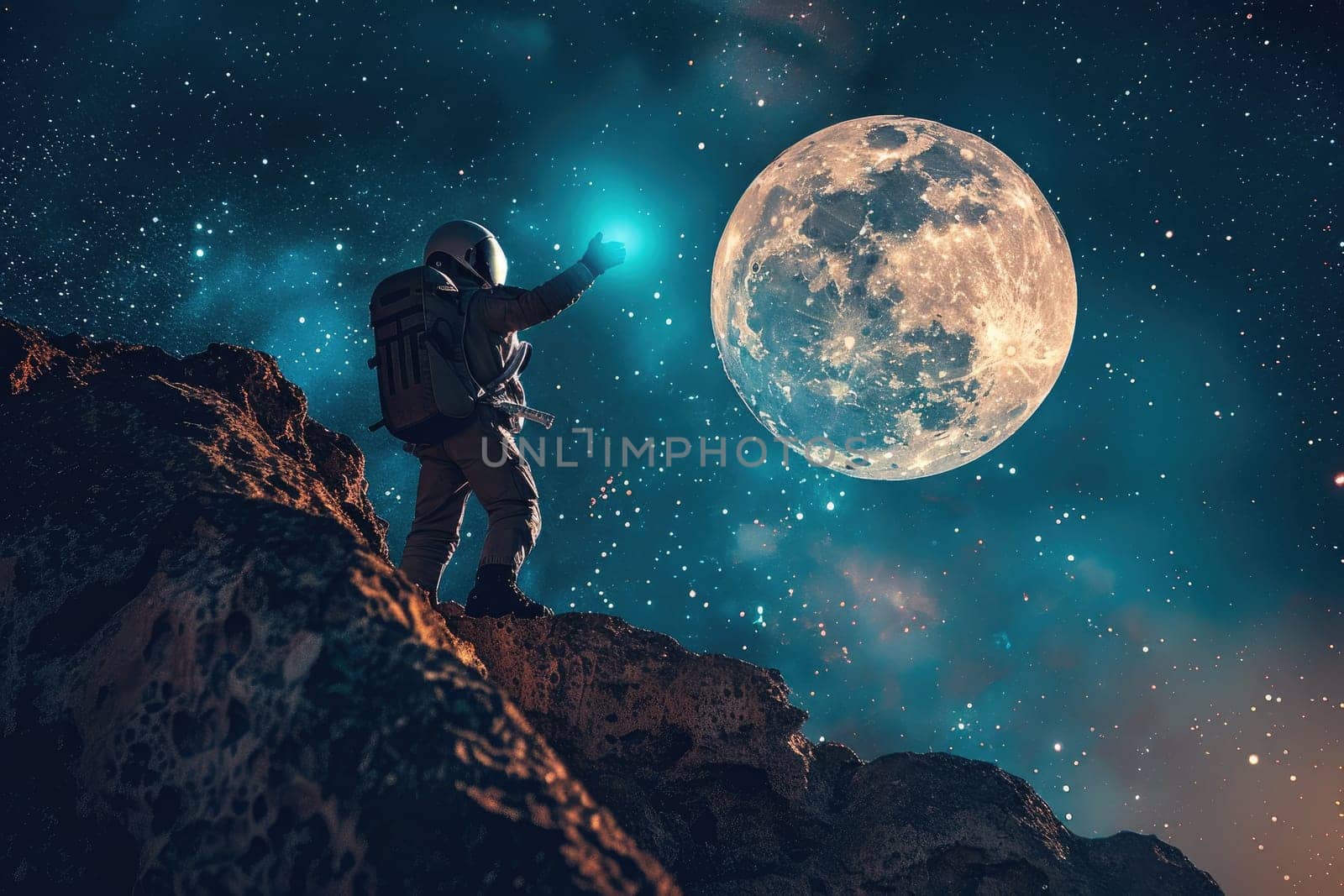 Space suit, standing on top of a mountain, reaching out to touch the full moon.