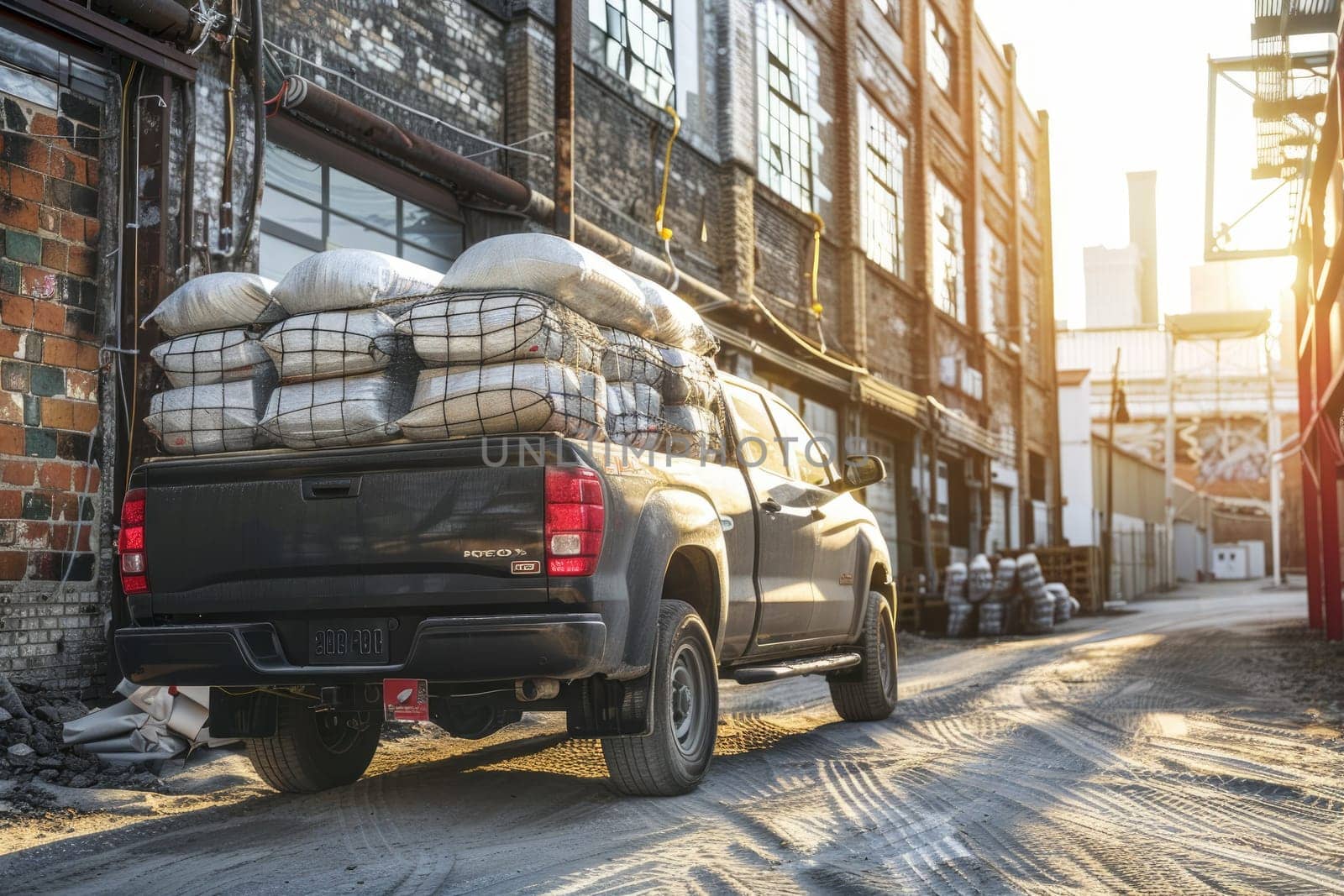 A pickup truck loaded with cargo in an industrial setting. by Chawagen