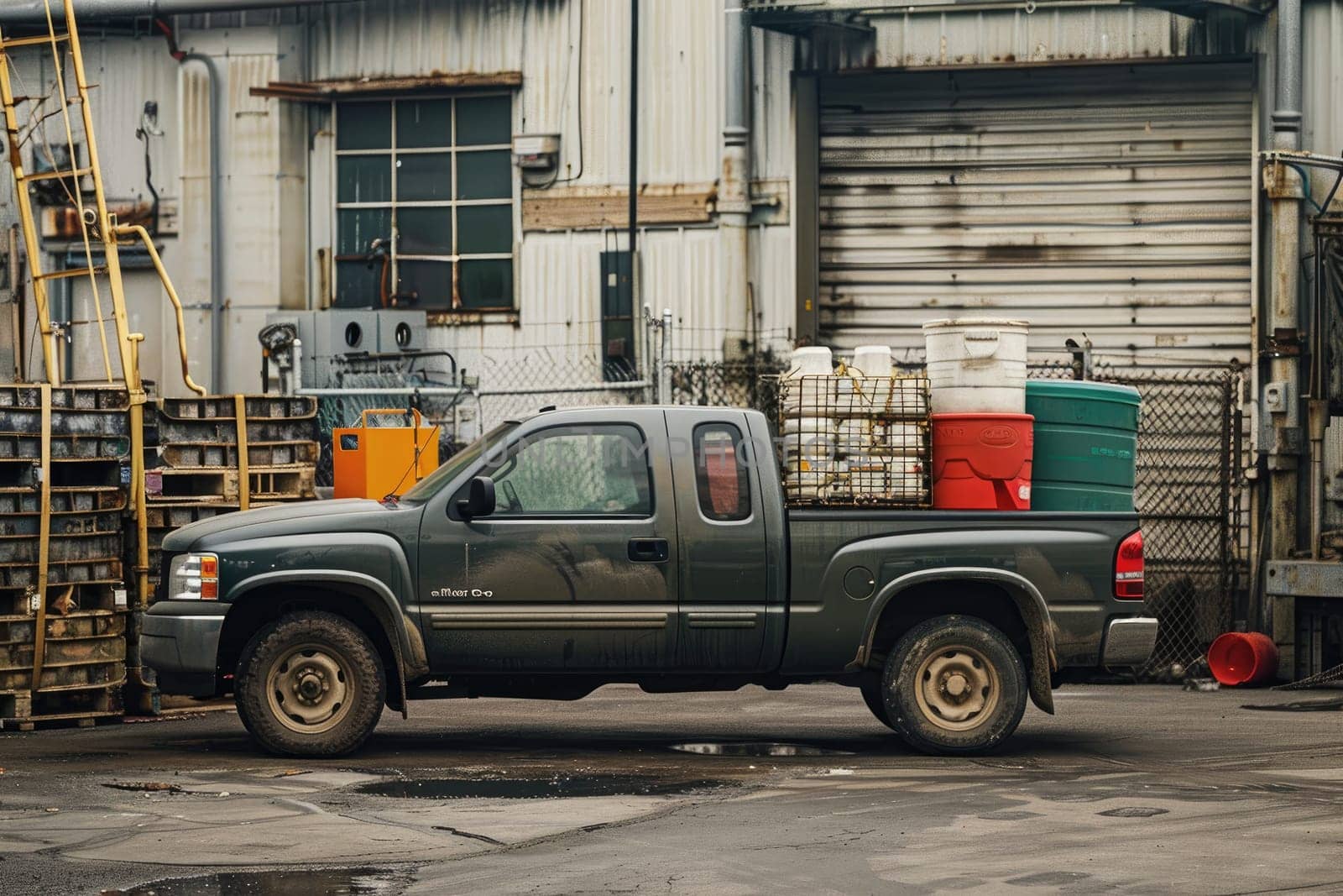 A pickup truck loaded with cargo in an industrial setting