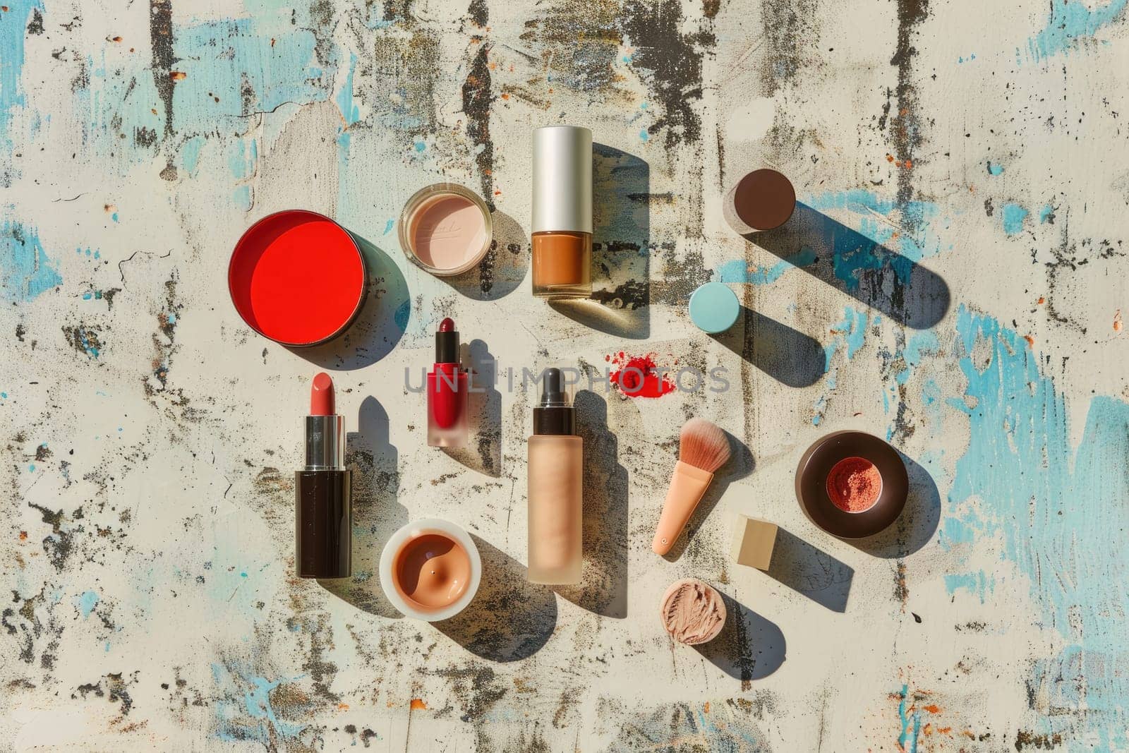 A flat lay composition featuring a variety of cosmetics arranged alongside skincare products on a textured background
