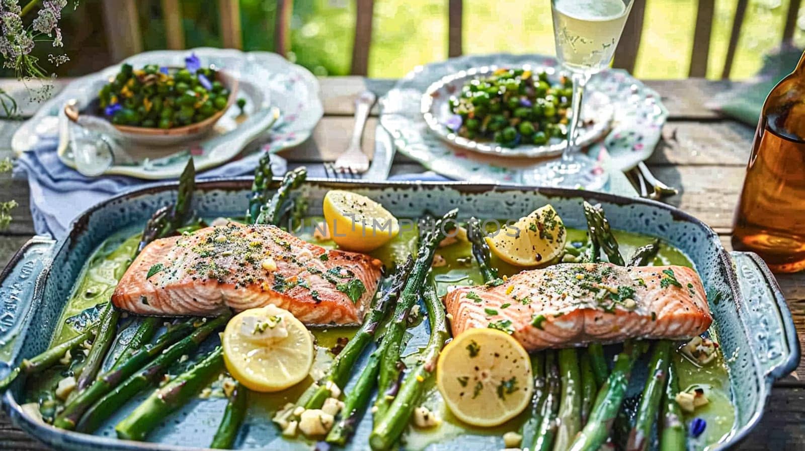 Salmon with asparagus, lemon and spice seasoning in the English countryside garden, homemade recipe