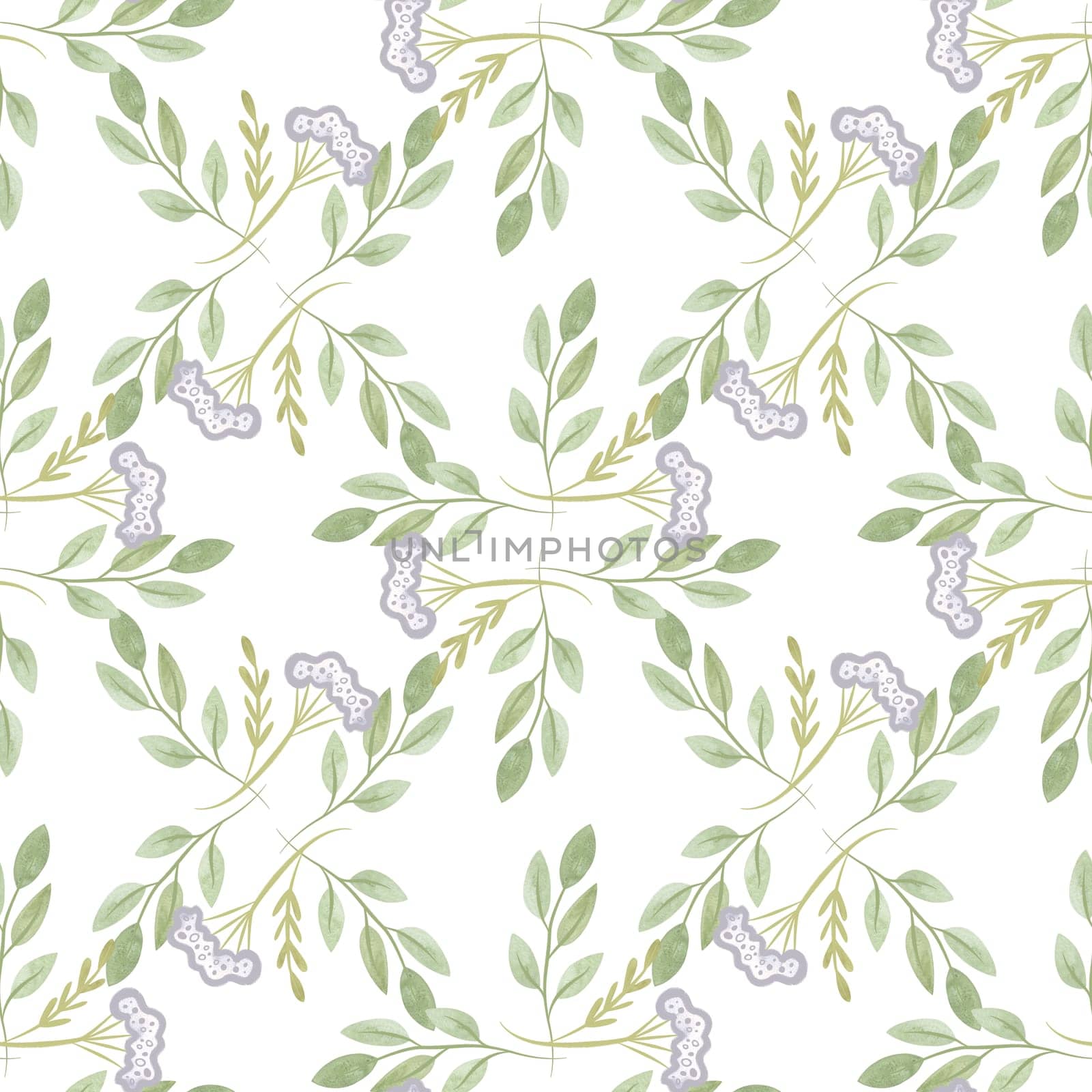 White oregano and soft green branches with leaves. Seamless watercolor pattern for fabric, wallpaper, wrapping paper, packaging cosmetics, tablecloths, curtains and home textiles