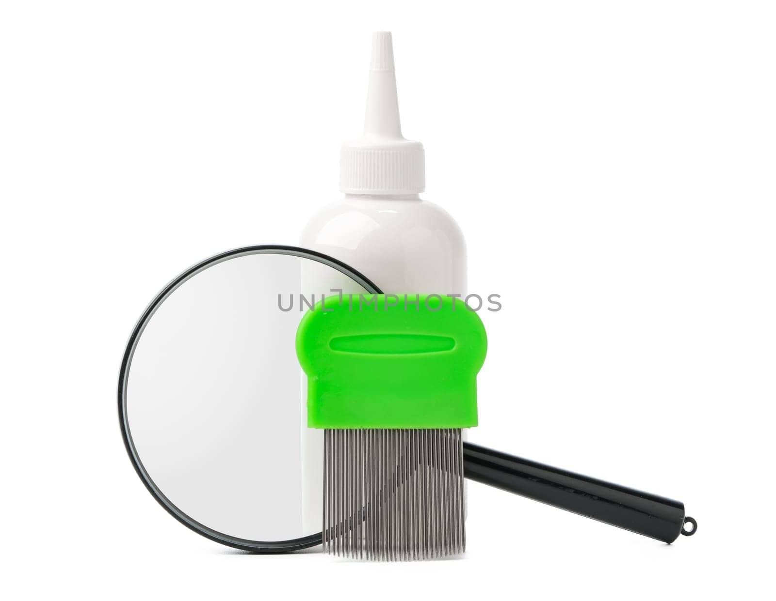 Medicine, lice comb and magnifying glass isolated on white background