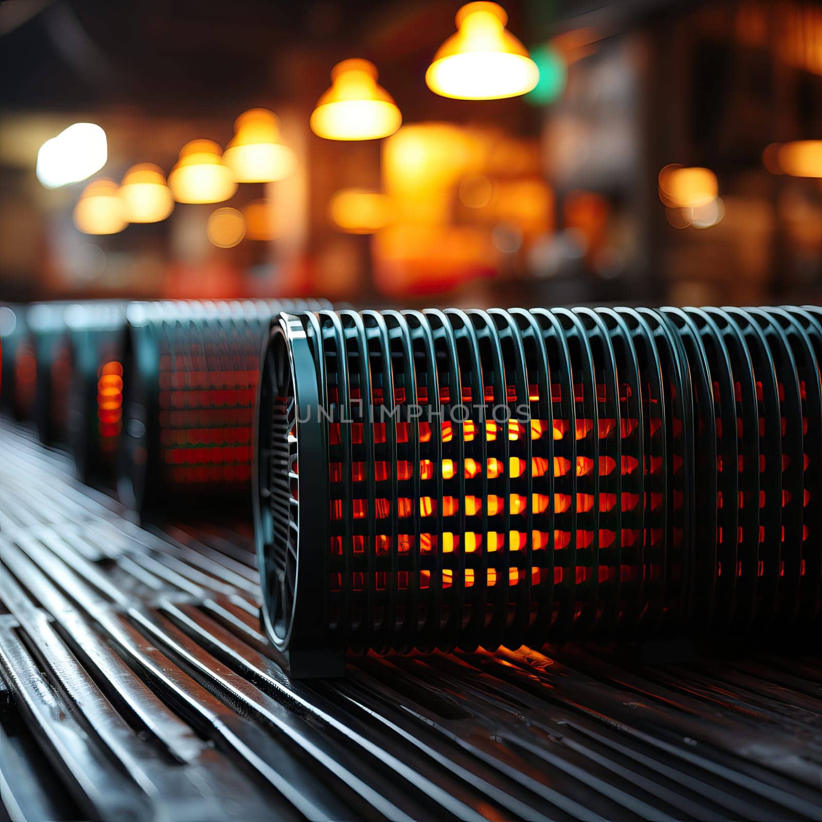 Detailed view of a heater placed on a tabletop indoors.