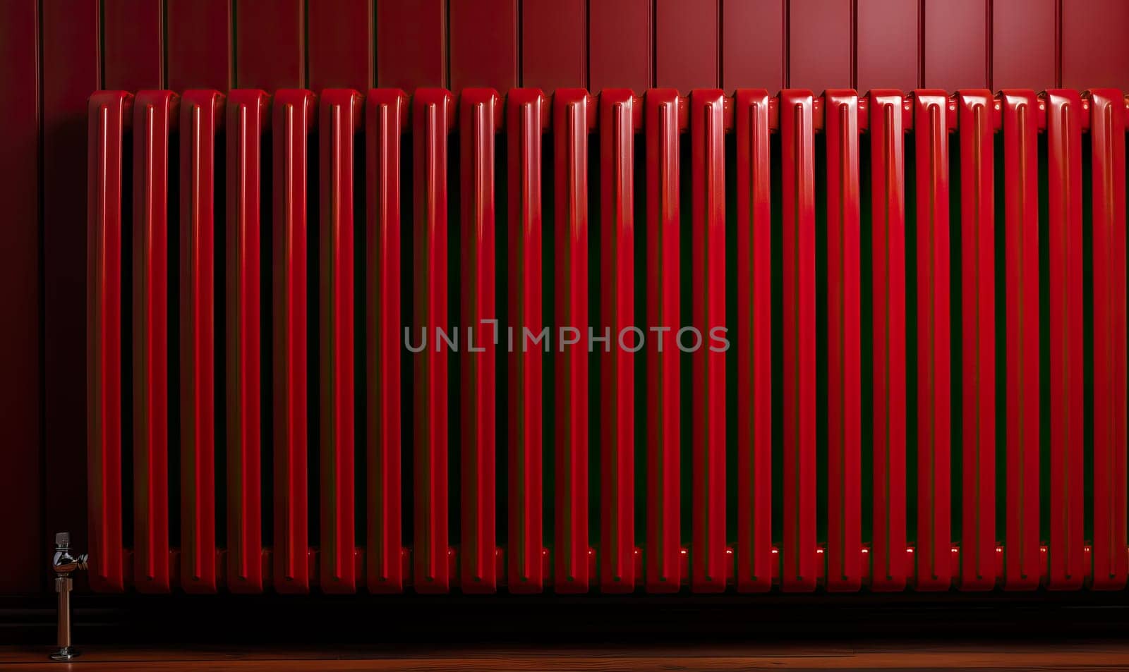 A red radiator standing in front of a red painted wall.