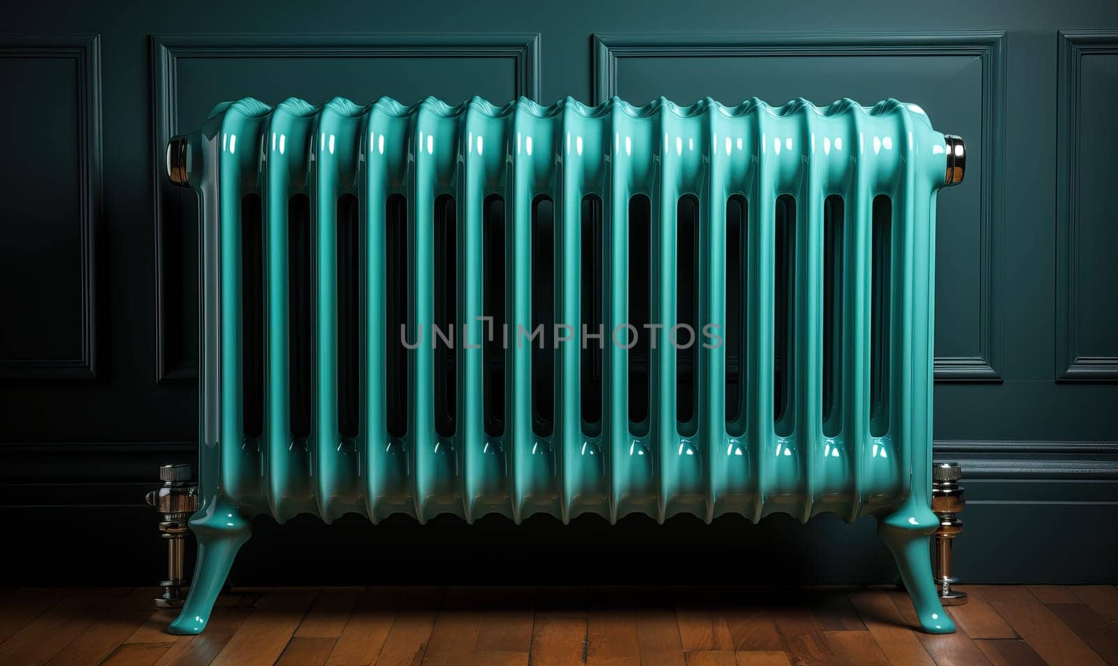 A green radiator standing in a dimly-lit room.