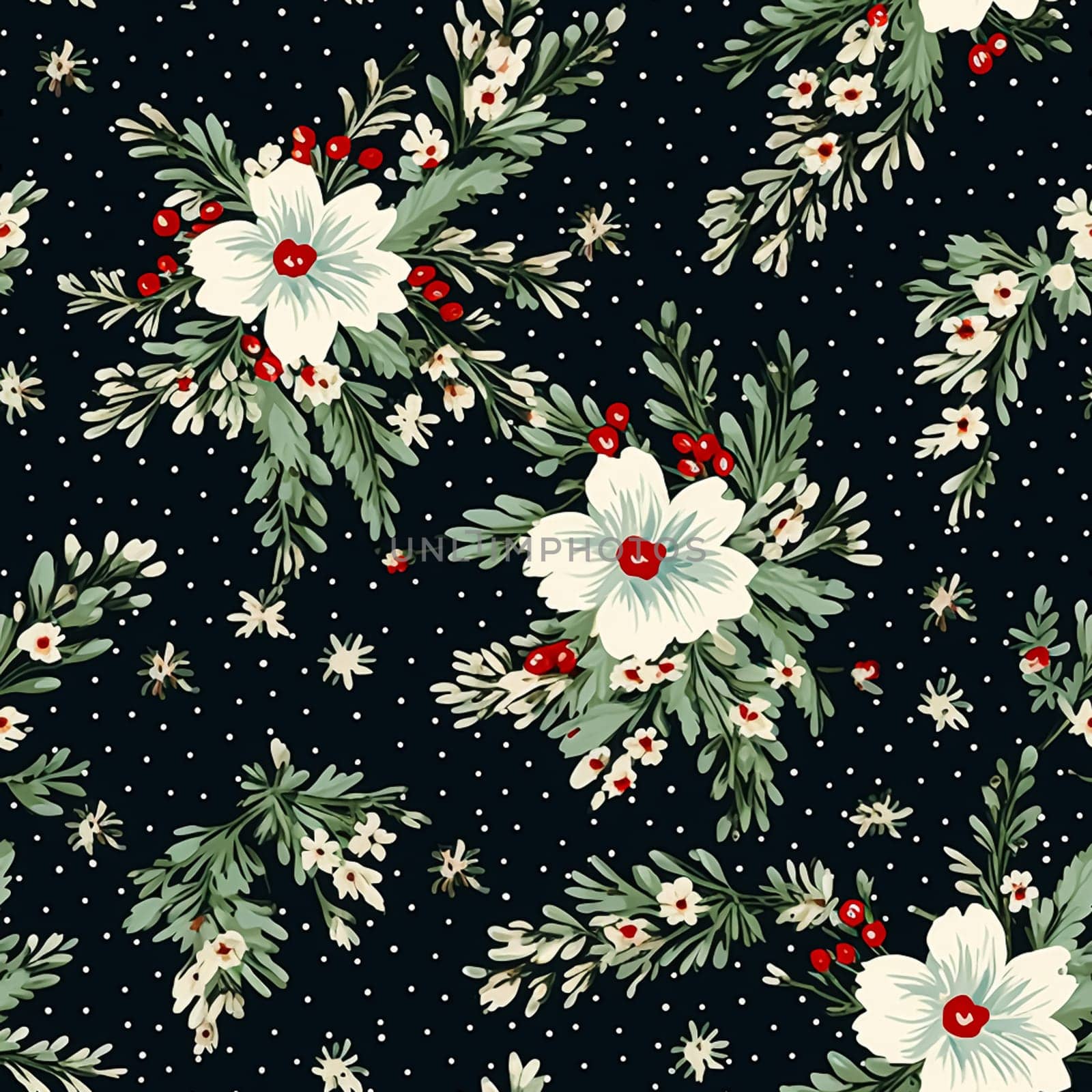 Seamless pattern, tileable Christmas holiday poinsettia floral country dots print on black, English countryside flowers for wallpaper, wrapping paper, scrapbook, fabric and product design motif