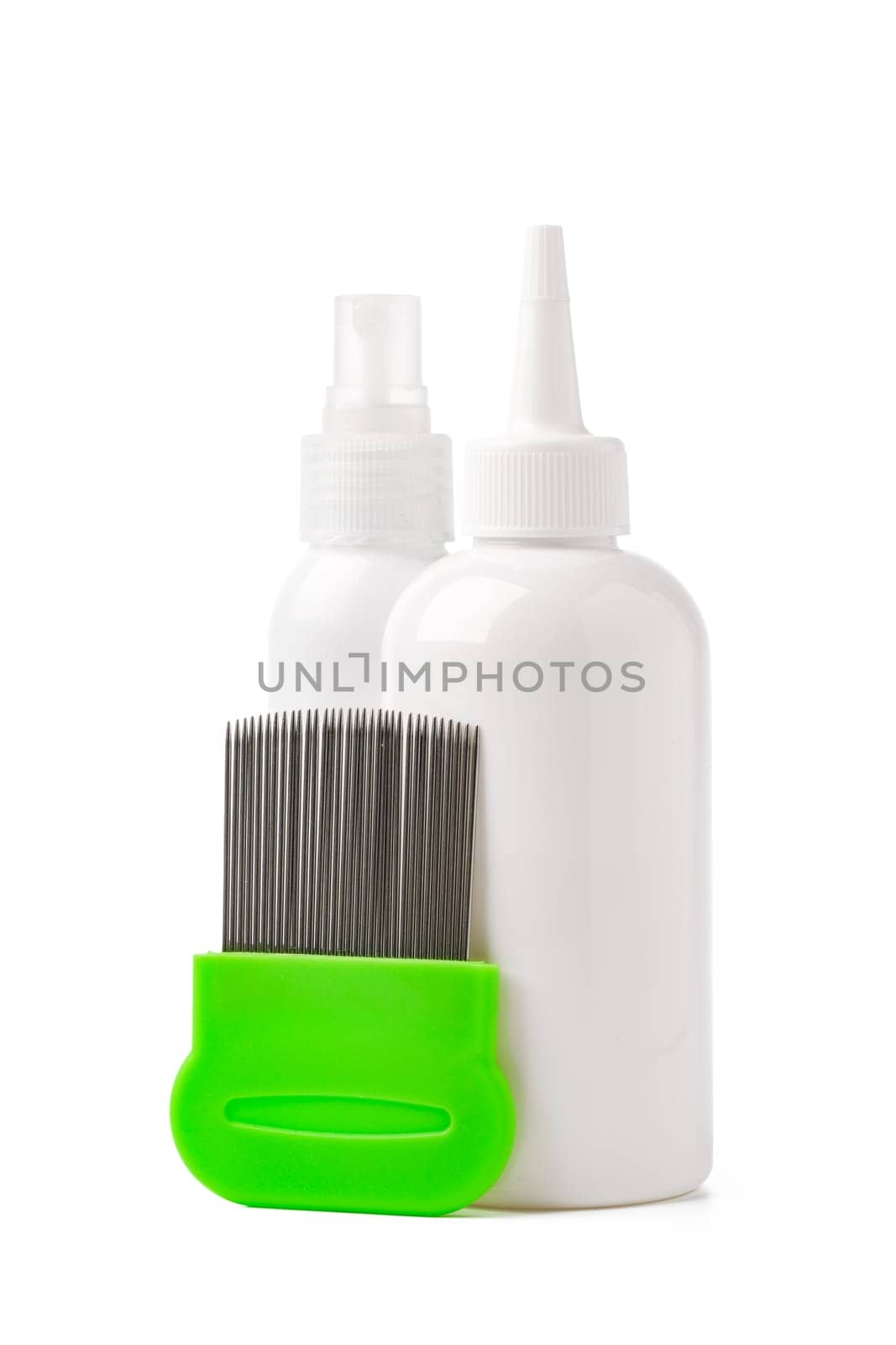 Cosmetic products and lice comb isolated on white background close up