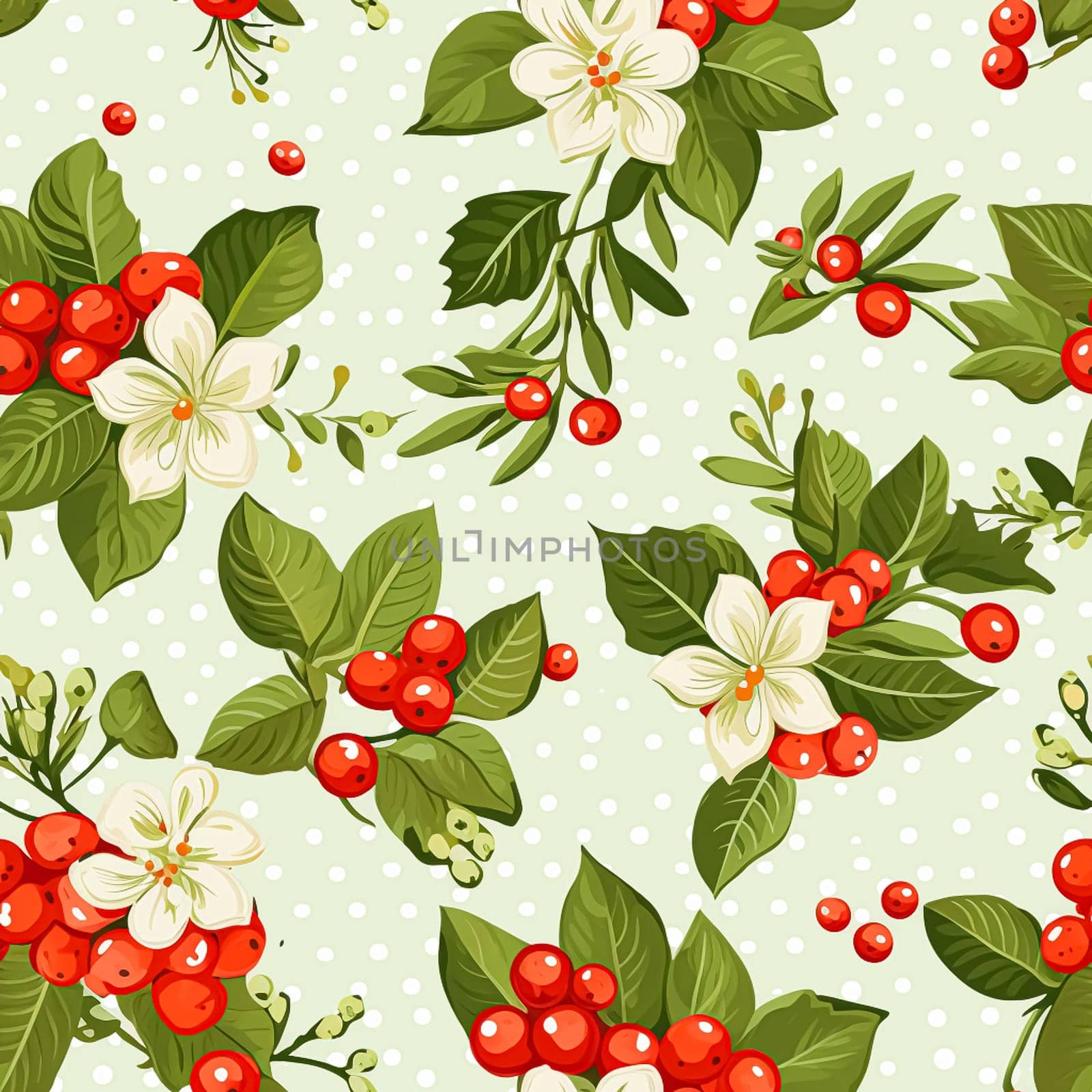 Seamless pattern, tileable Christmas holiday floral country dots print, English countryside flowers for wallpaper, wrapping paper, scrapbook, fabric and product design by Anneleven