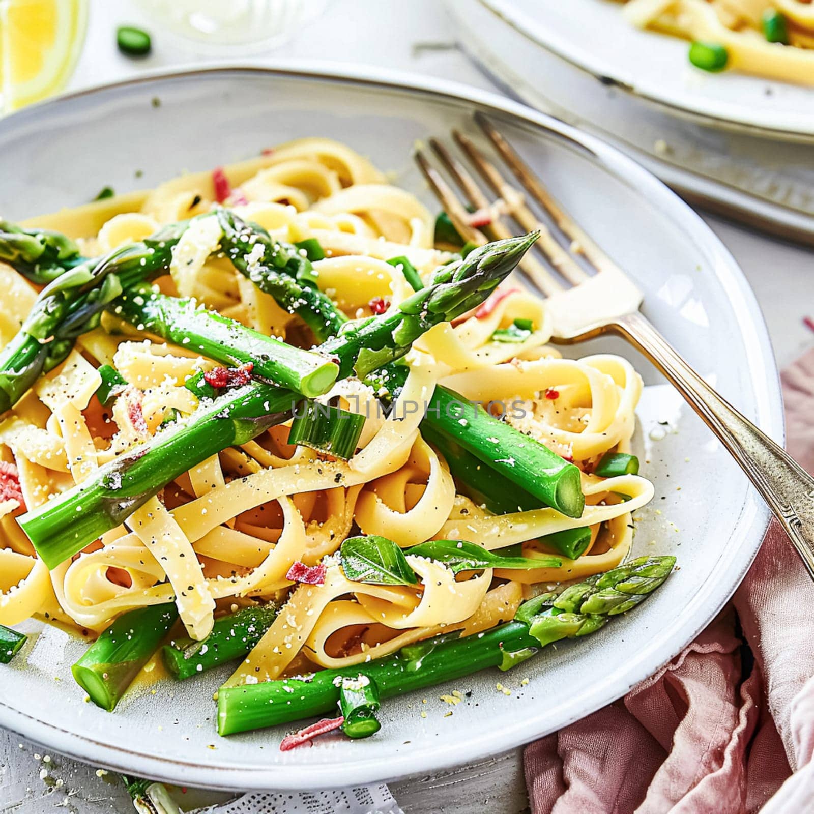 Pasta with asparagus, bacon and parmesan cheese by Anneleven