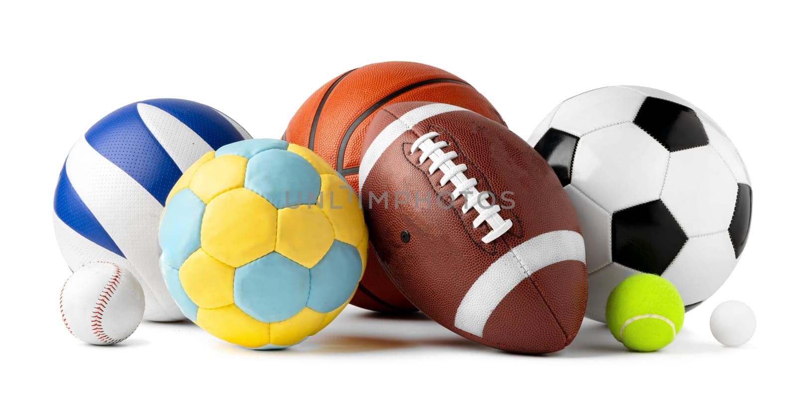 Assorted sports equipment isolated on white background close up