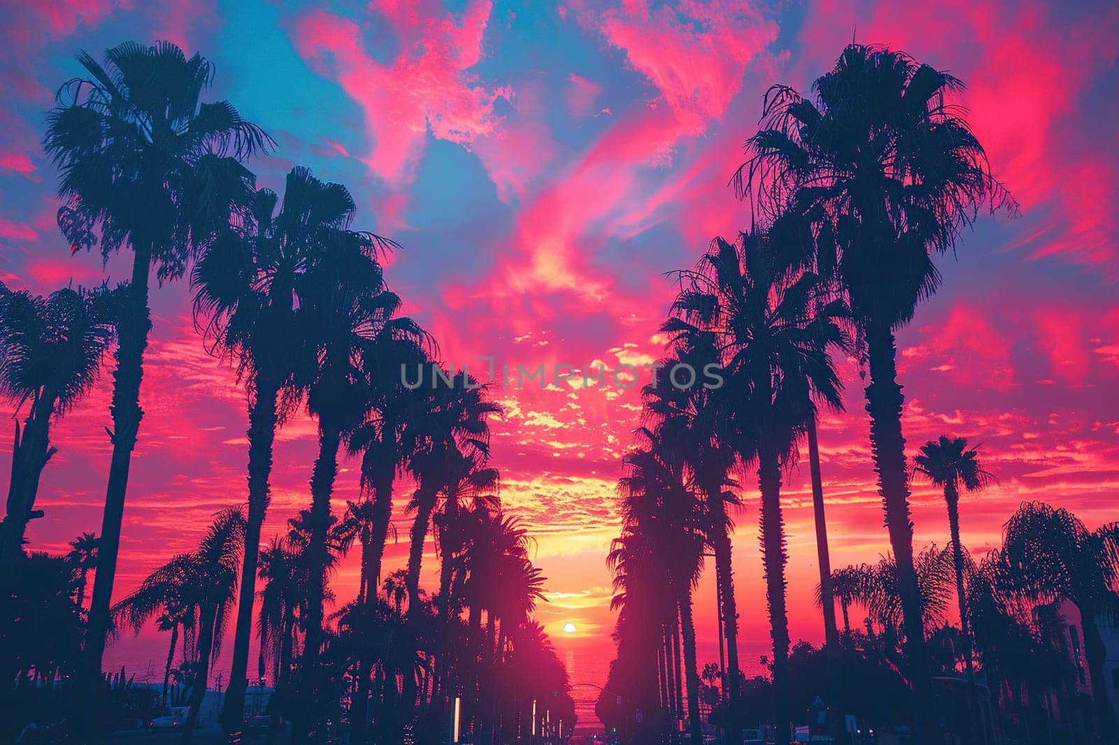 Silhouette of palm trees against the sky with a pink sunset. Generated by artificial intelligence by Vovmar