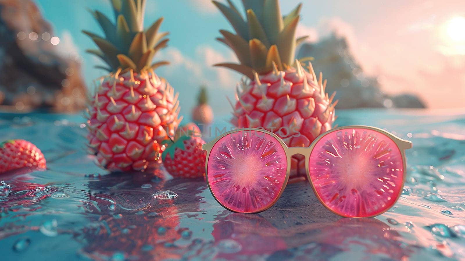 Summer holiday concept. Pineapples, strawberries and sunglasses in pink tones on a blue water surface.