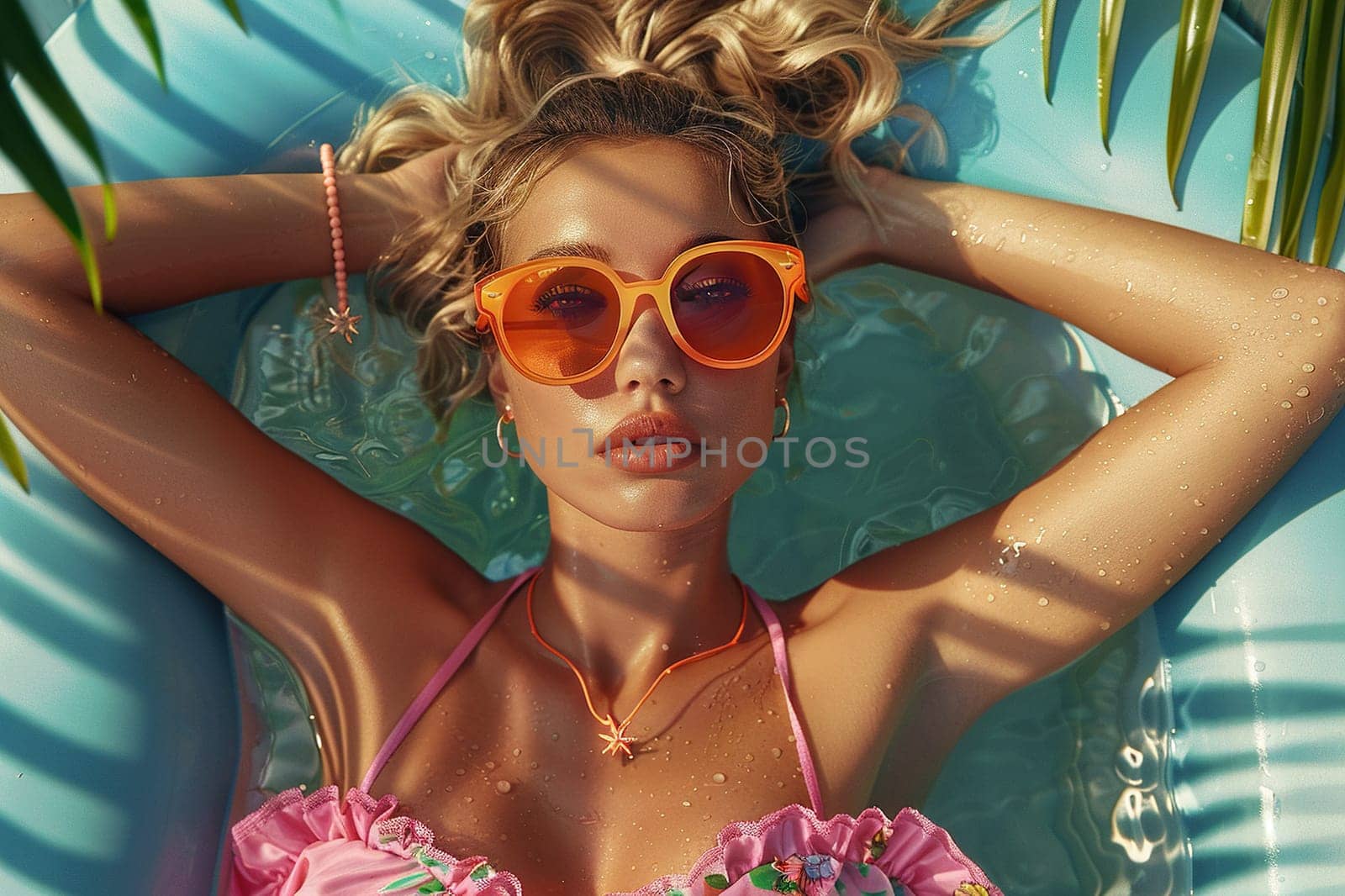 Close-up of a young attractive girl in a bikini relaxing in a swimming pool. Summer holiday concept. Generated by artificial intelligence by Vovmar