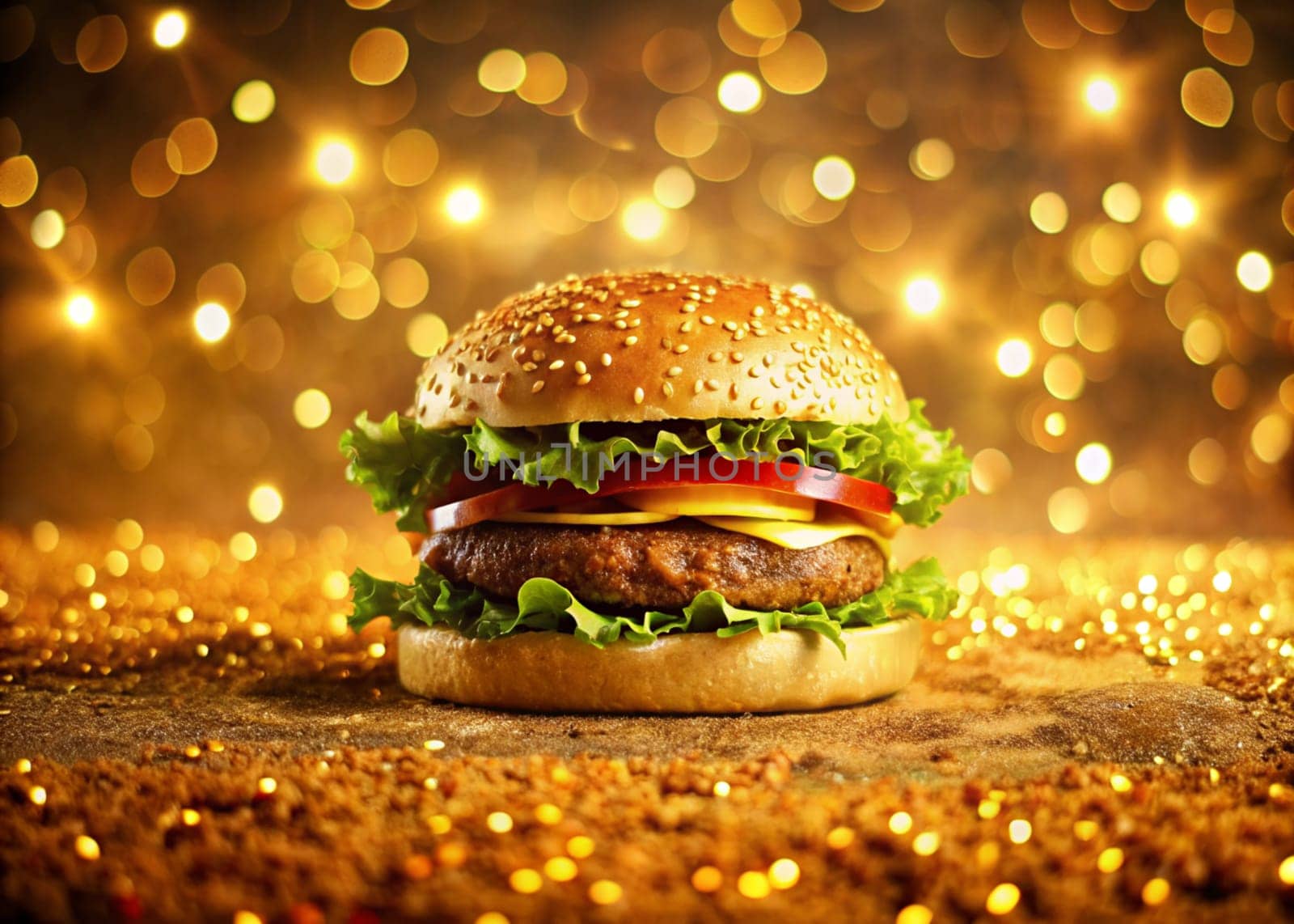 Big hamburger with cutlet, cheese, tomato, and herbs on a background of gold glitter. Glamorous meal. Luxury fast-food. Ai generated