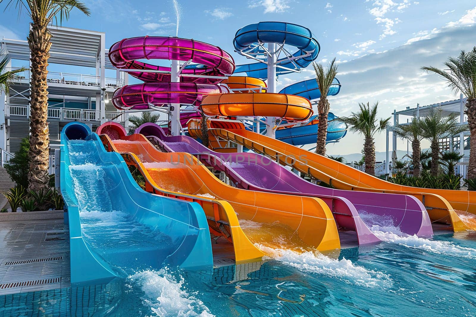 A vibrant water park on site. Fun for the whole family. Summer holiday concept.