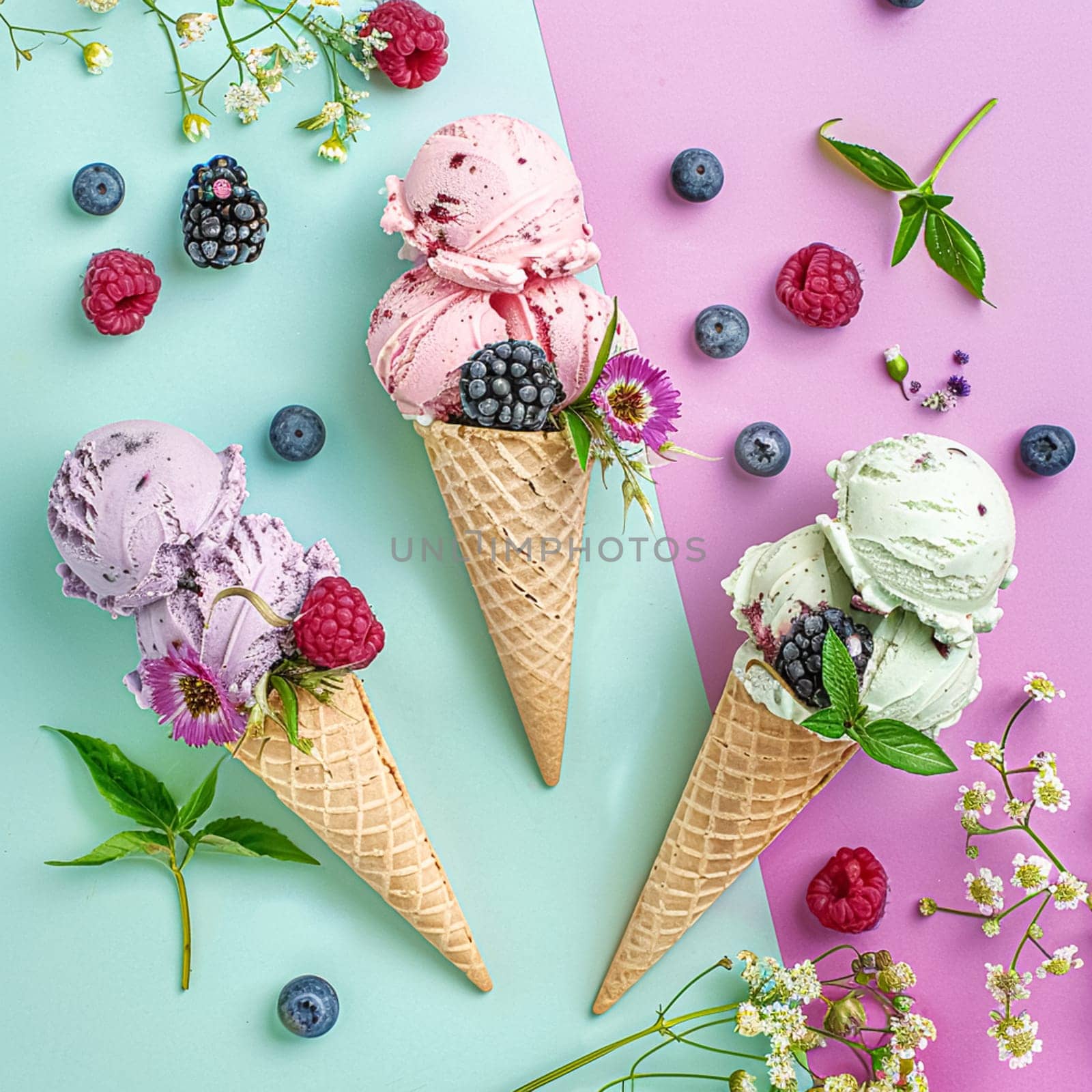 Ice cream colourful summer treat, sweet dessert in summertime, holiday food idea