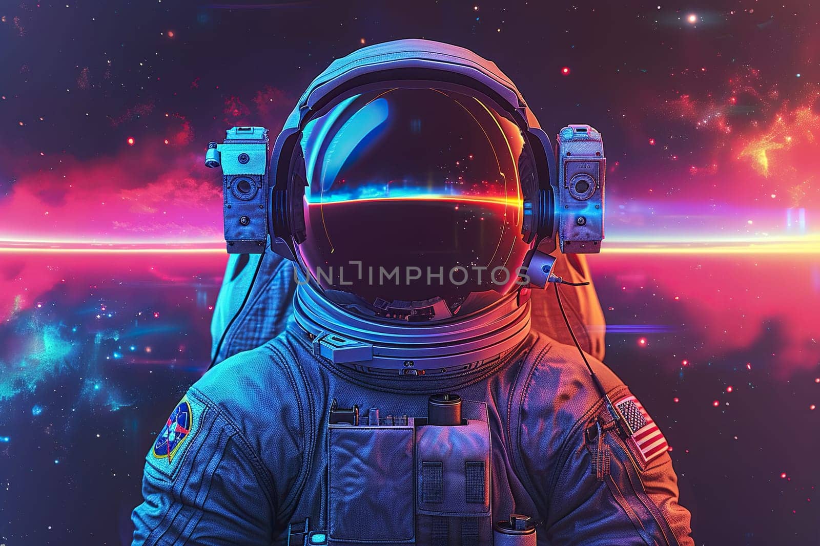 An astronaut in a spacesuit and large headphones against the backdrop of the universe.