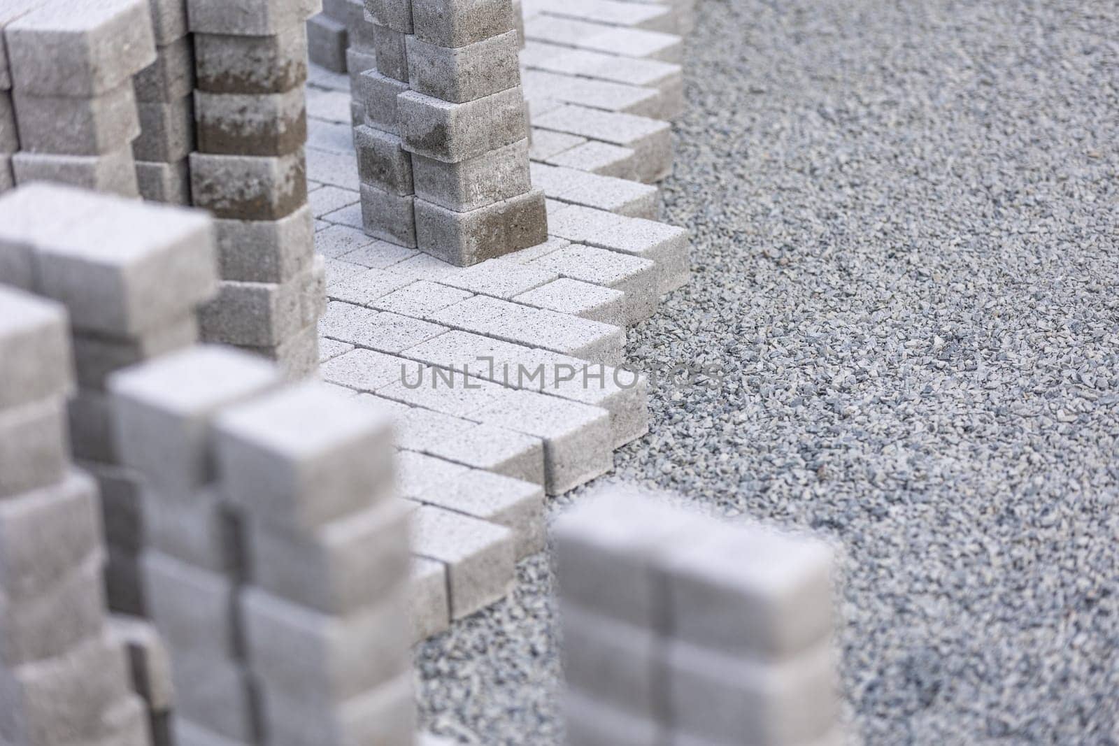 Process of building a new path made from concrete blocks, interlocking pave