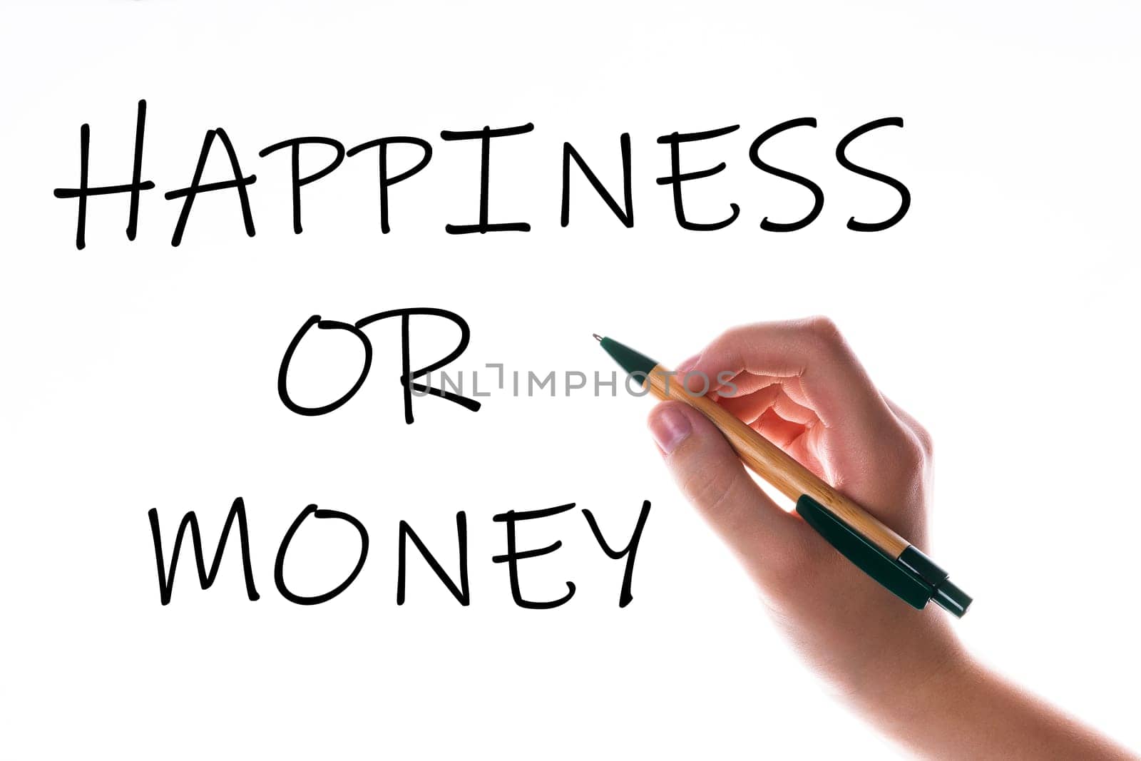 Children hand with pen write on a blue white background. Writing hand. Word Happiness or money