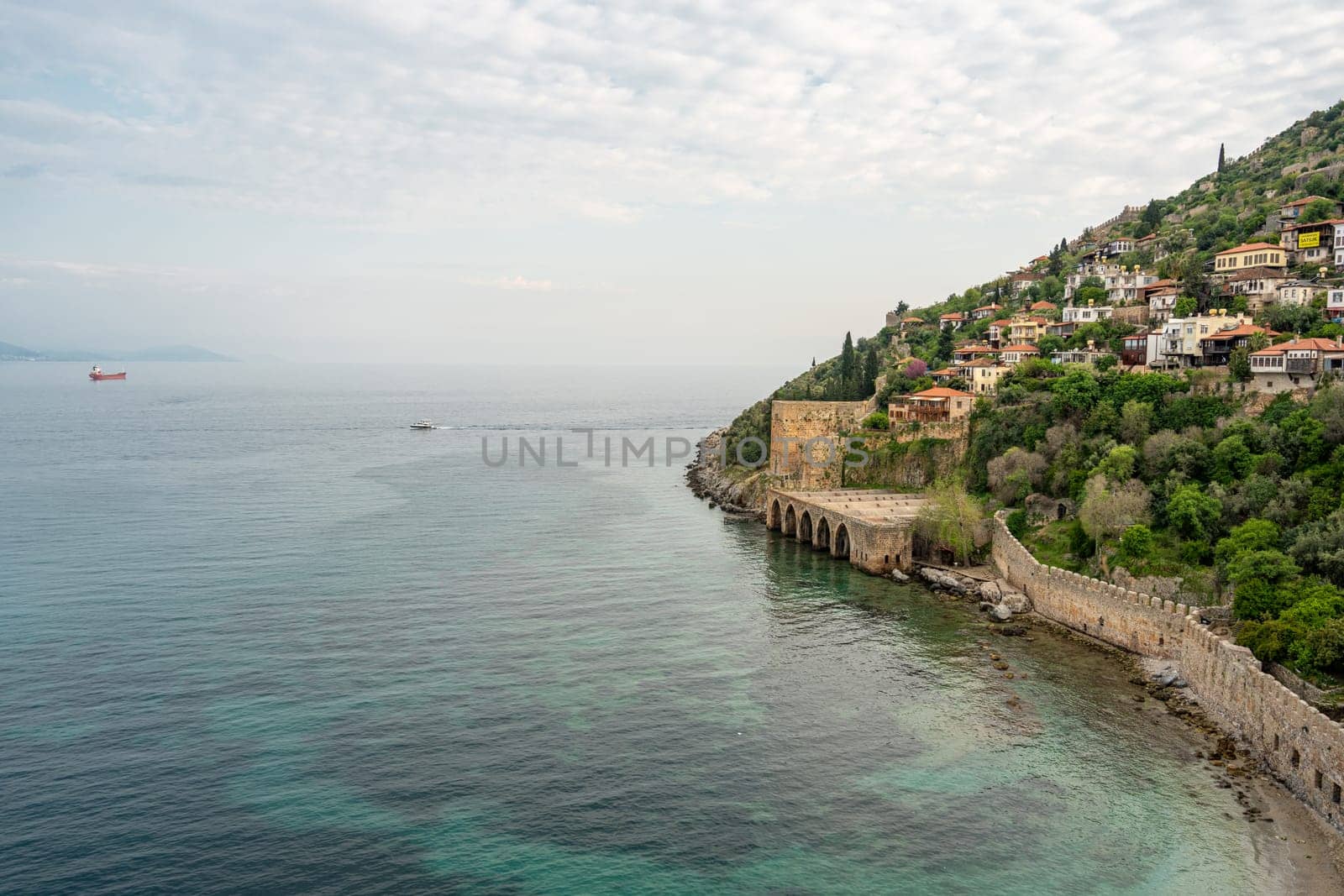 Historical Alanya Shipyard and Kizil Kule walls located in Alanya district of Antalya