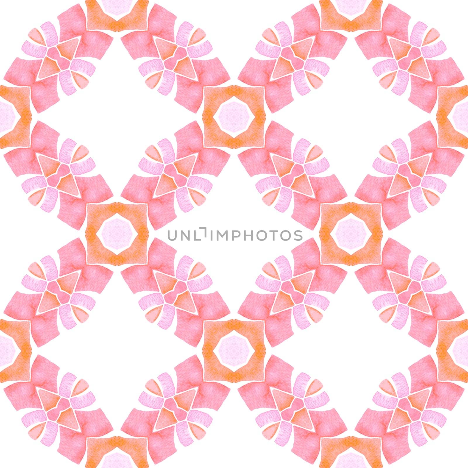 Tiled watercolor background. Orange fantastic boho chic summer design. Textile ready bold print, swimwear fabric, wallpaper, wrapping. Hand painted tiled watercolor border.