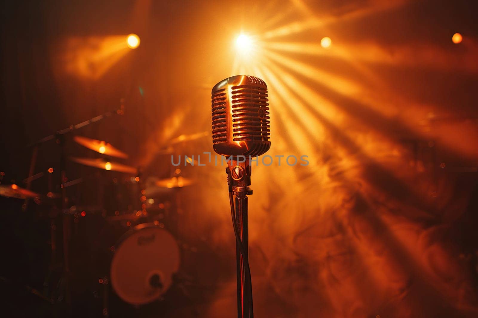 Concert stage with a microphone in the light of spotlights. Performance by Vovmar