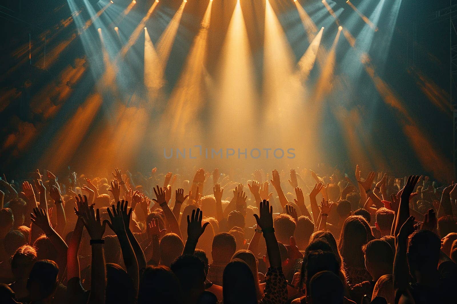 A crowd of people with their hands raised up in the bright rays of spotlights at night. Concert, sporting event.