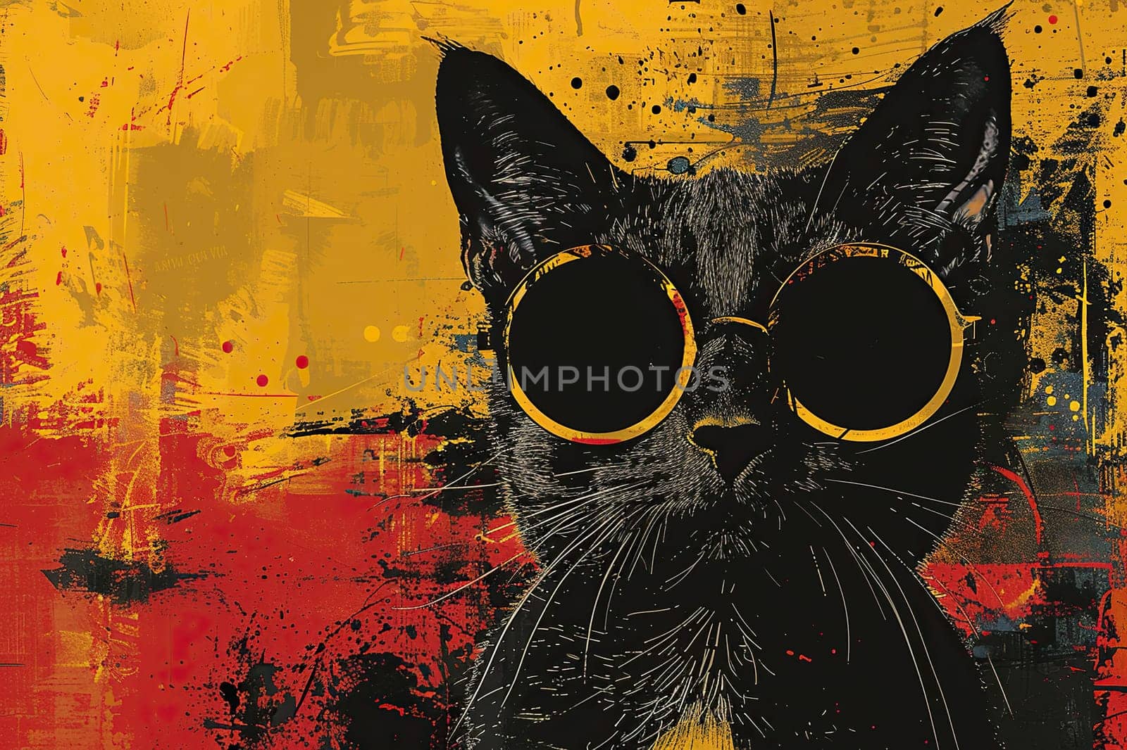 Banner, poster in grunge style with the image of a black cat in sunglasses. Generated by artificial intelligence by Vovmar