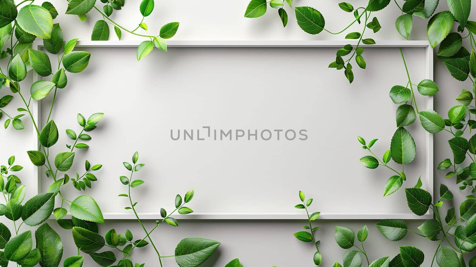 Blank white banner with microgreen frame. Generated by artificial intelligence by Vovmar