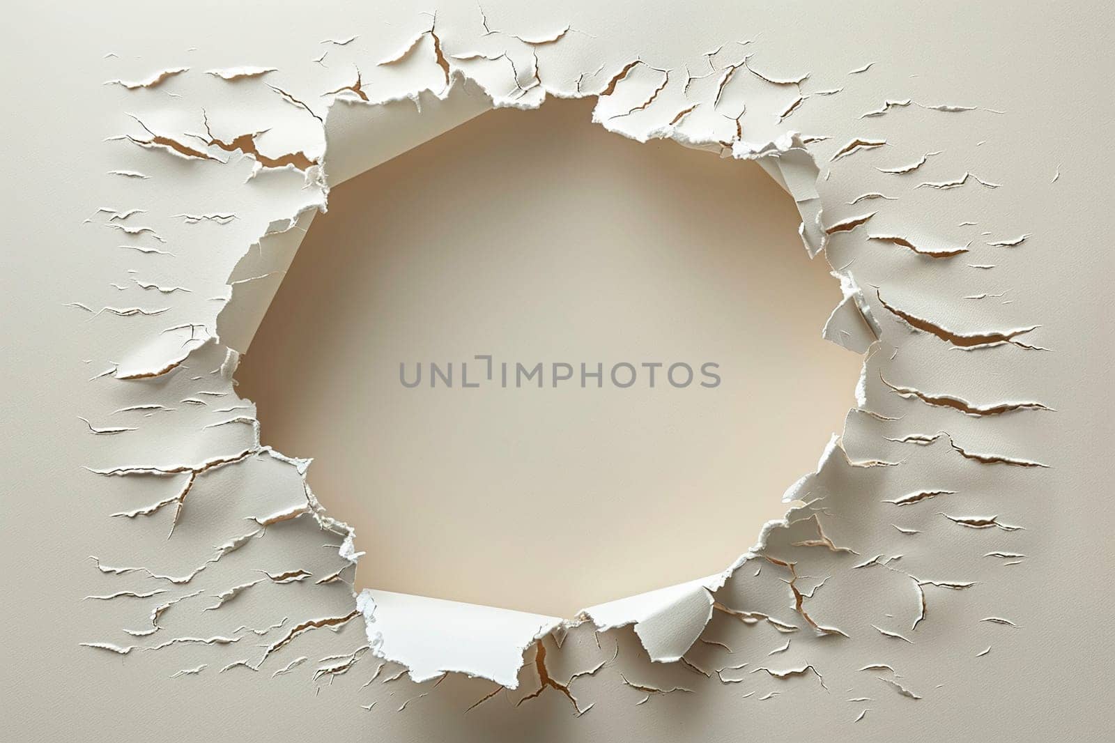 Torn hole in a sheet of paper on a white background. Generated by artificial intelligence by Vovmar