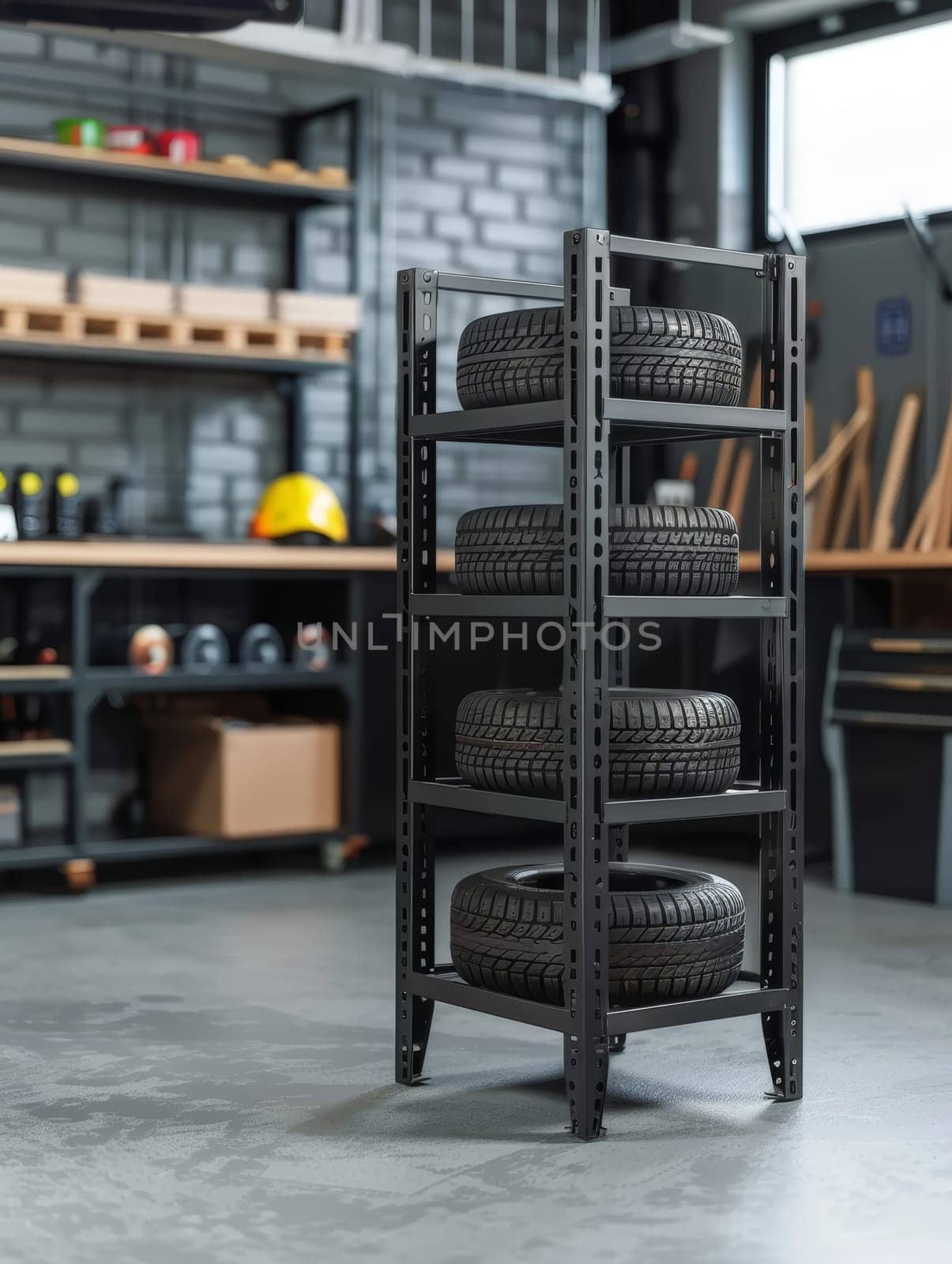 A sturdy black storage rack neatly holds several car tires in an organized manner within an industrial setting. The rack stands alone in a well-maintained warehouse