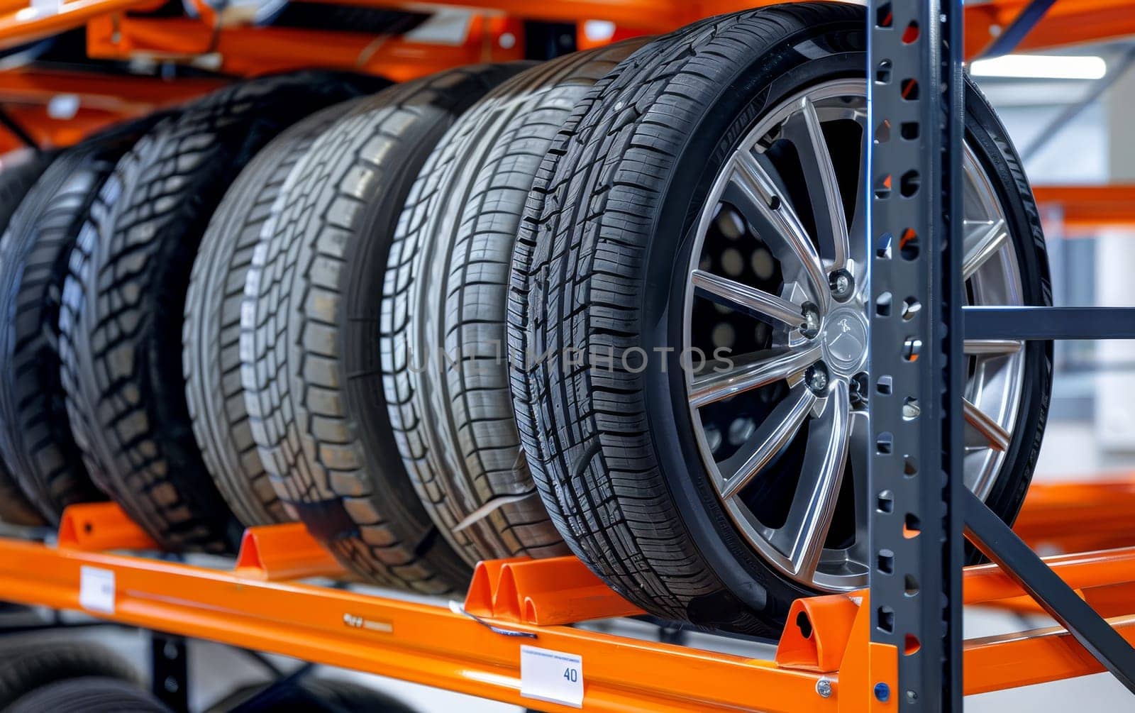 An array of sleek black tires is perfectly arranged on an orange industrial rack, highlighting a clean and modern display in an automotive setting. by sfinks