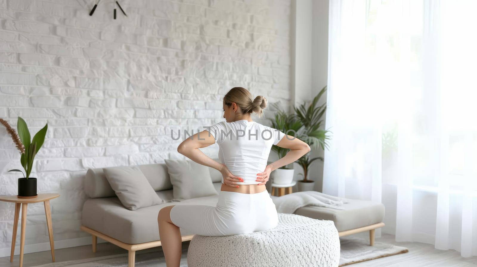 A woman engages in a soothing stretch session in her bright, airy living room. The minimalist decor complements the tranquility of her wellness routine. by sfinks