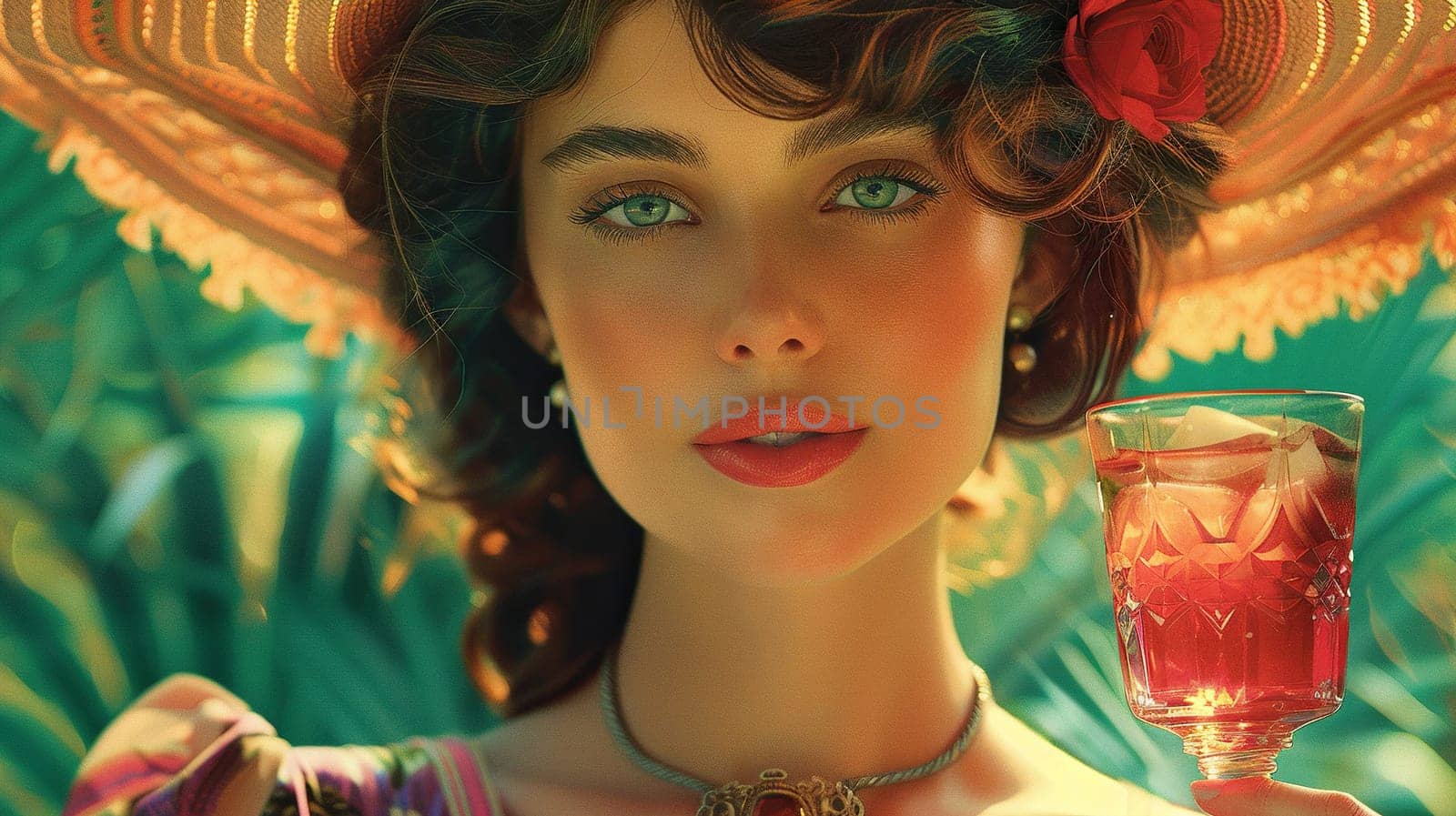 Portrait of a young attractive woman in a hat with a glass in her hand in the style of the 60s-80s. Soft light, cinematic vintage style. Generated by artificial intelligence by Vovmar