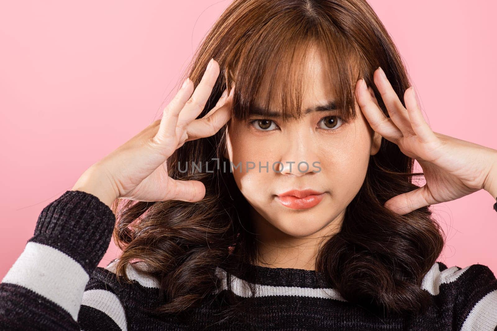 stress female person unhappy closed eyes problem she headache by Sorapop