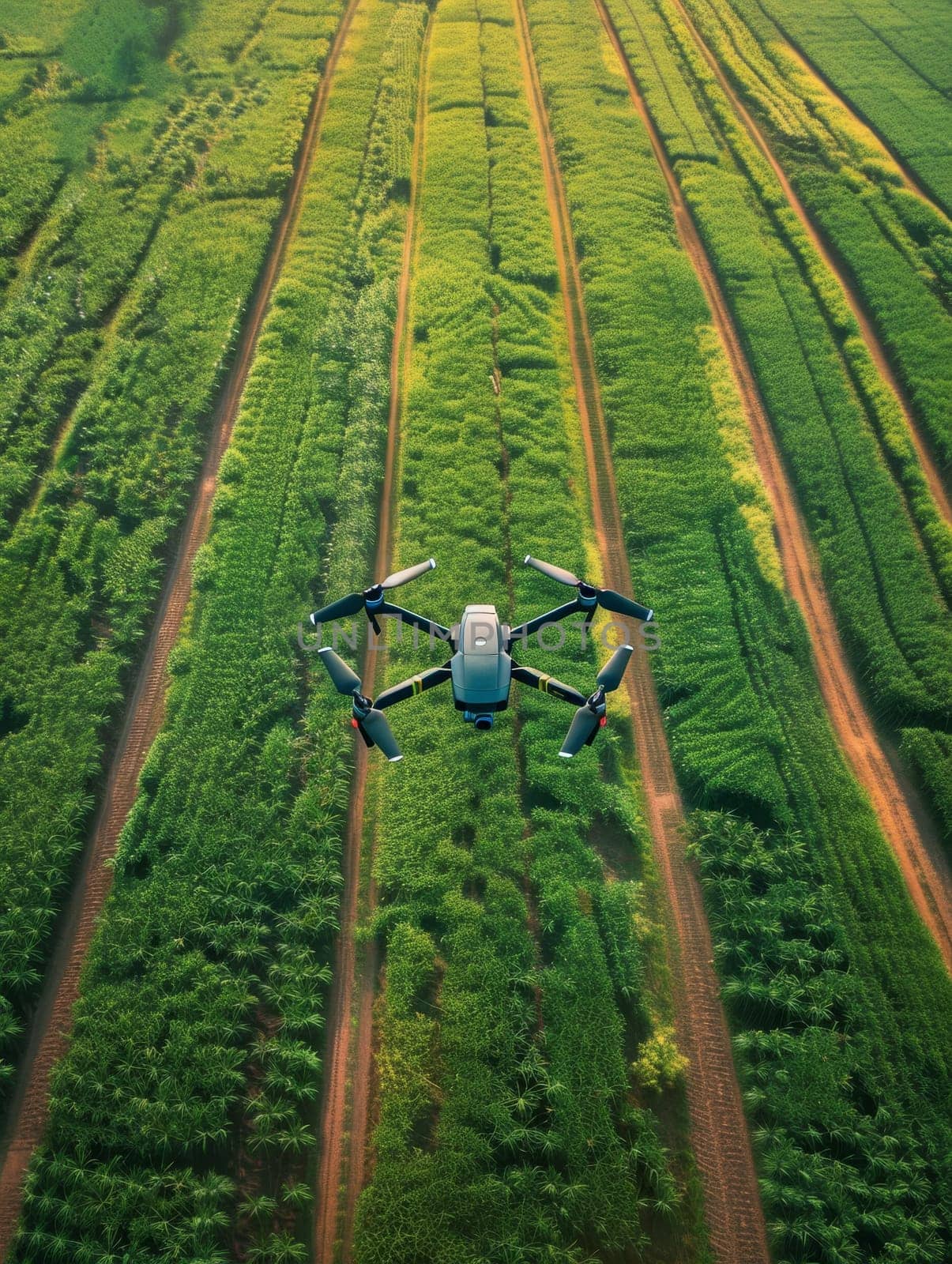 A quadcopter drone flies over vibrant green crop rows, its advanced technology aiding in precision farming and sustainable agriculture. The symmetry of the fields contrasts with the drone's sleek