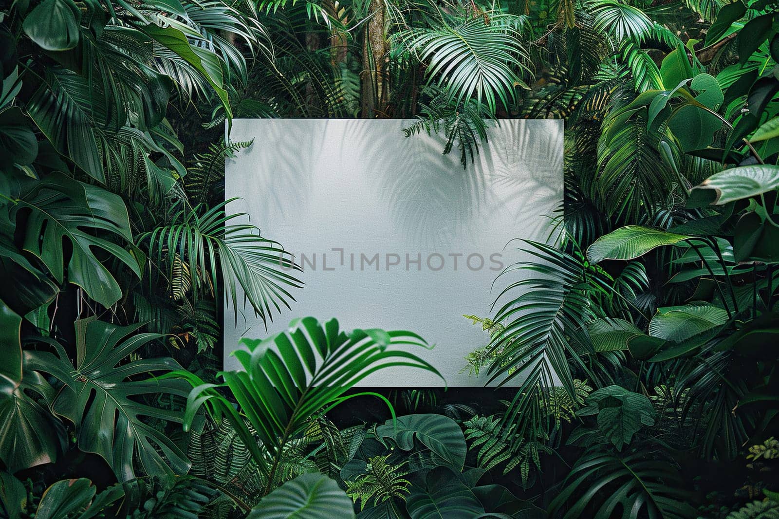 White empty banner in the middle of the tropical forest. Generated by artificial intelligence by Vovmar