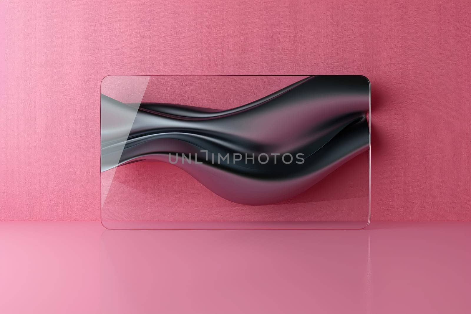 Transparent glass rectangular card with a wavy pattern on a pink background. Horizontal pink background with glass morphism effect. by Vovmar