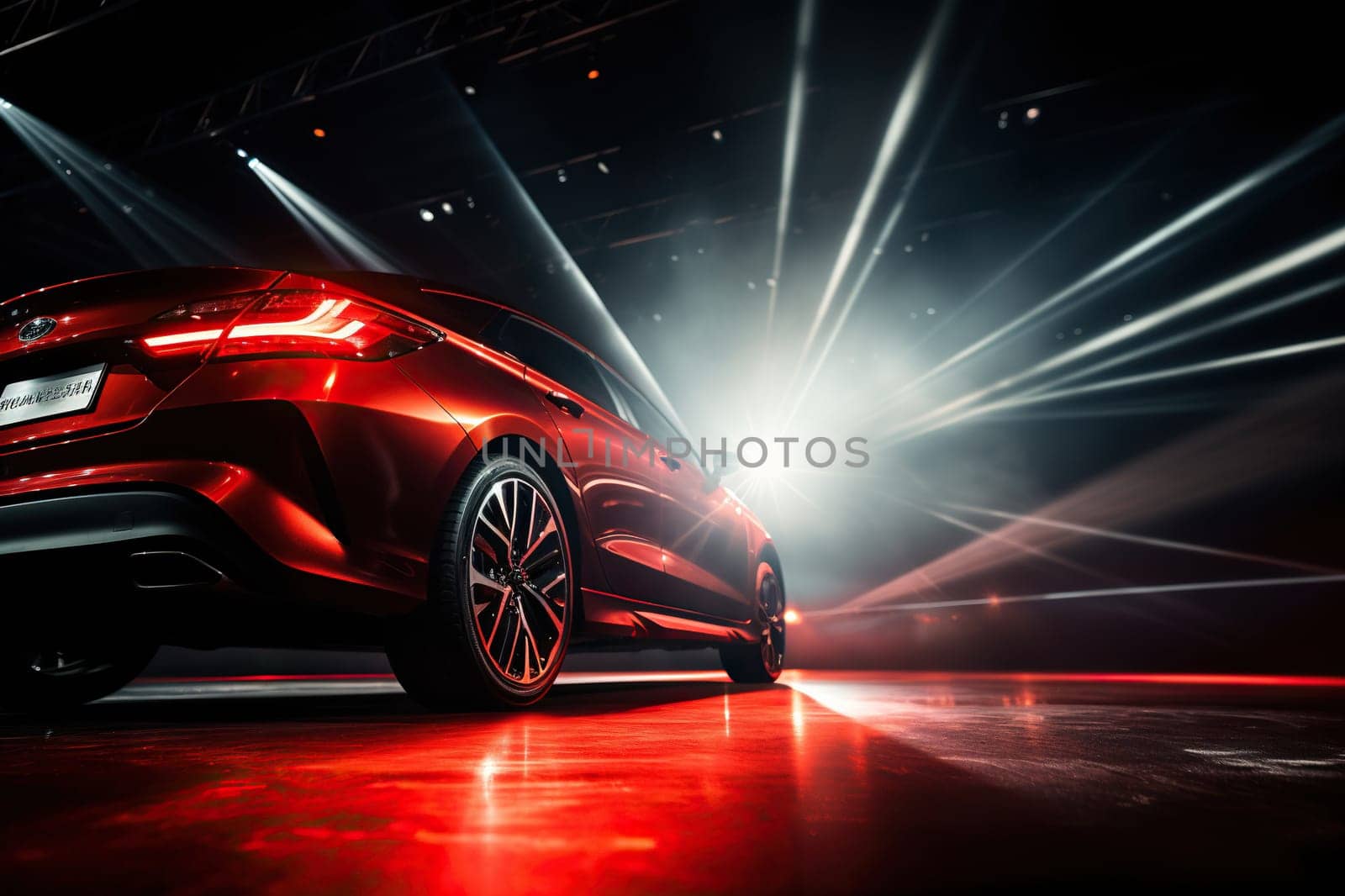 Side view of a modern red car in the bright rays of a spotlight.