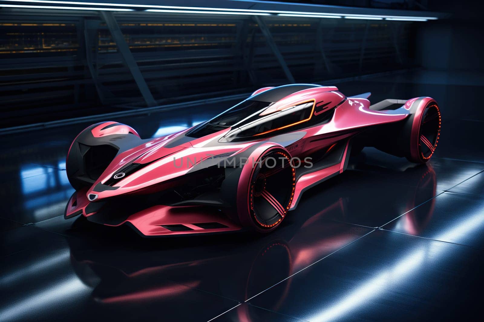 The concept of a futuristic sports car running in a tunnel with neon light strips.