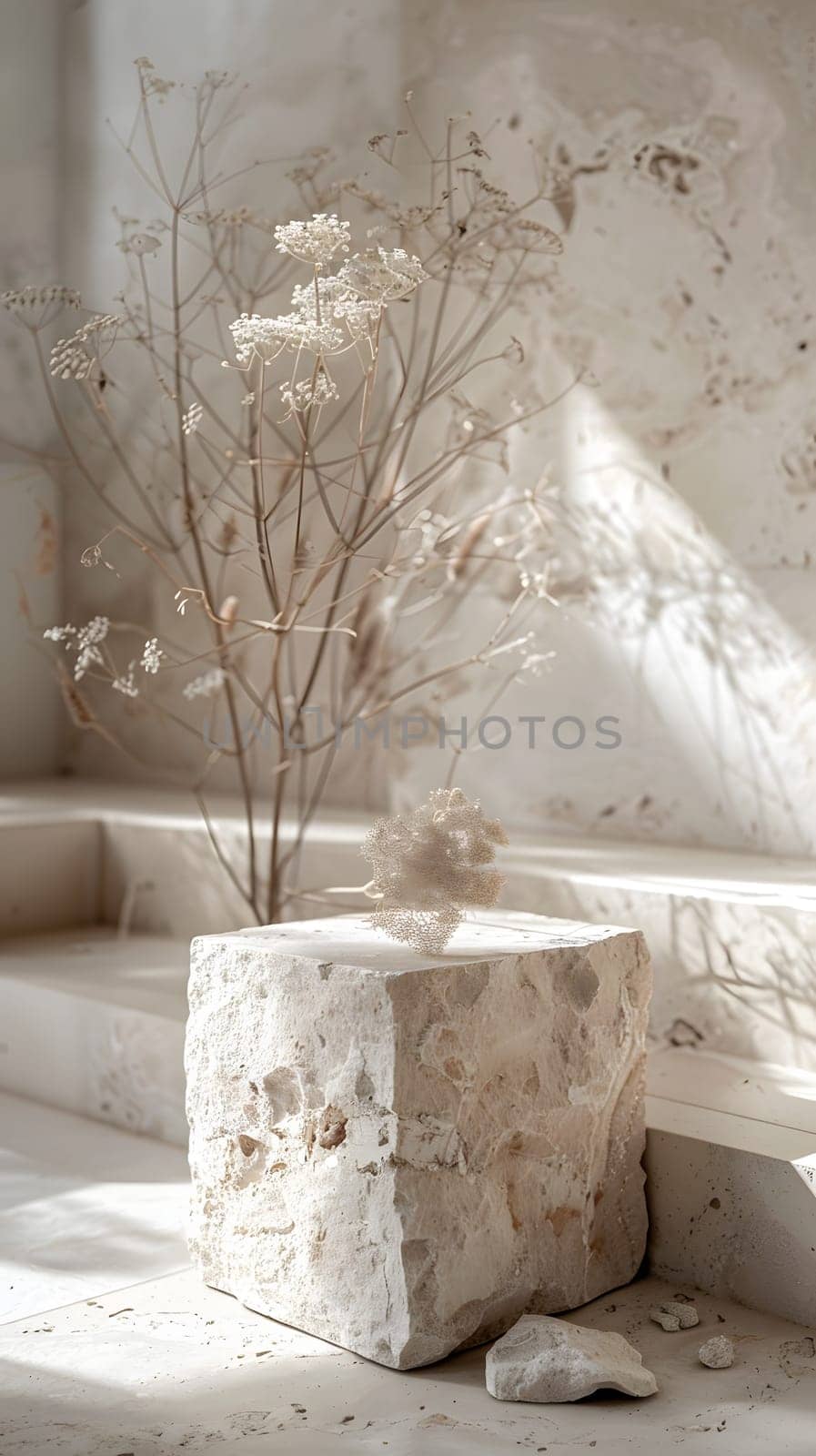 A flowerpot made of wood holds a beautiful twig plant on the concrete flooring of the room. A glass vase of dried flowers sits on a stone block near the window, under the high ceiling