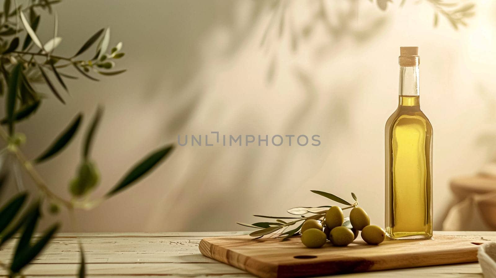 Olive oil bottle ad background with copyspace, vegetable oil commercial produce, food industry and retail concept