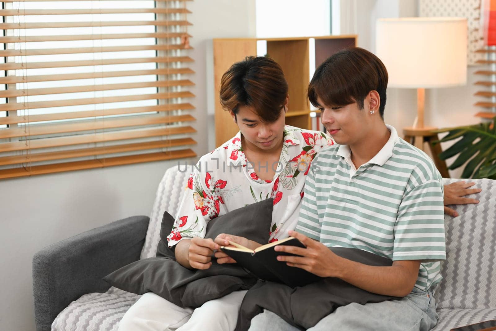 Relaxed young gay couple reading book on couch at home. LGBTQ, leisure and lifestyle concept.