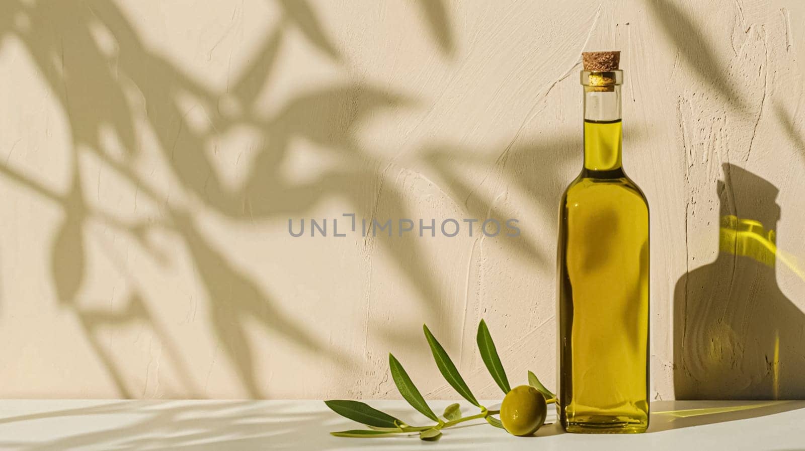 Olive oil bottle ad background with copyspace, vegetable oil commercial produce, food industry and retail concept