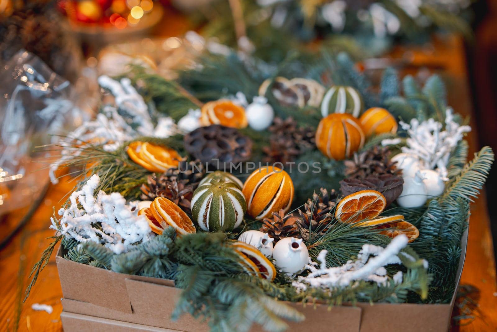 Crafting workshop focusing on Christmas wreath making and New Year's decor. High quality photo