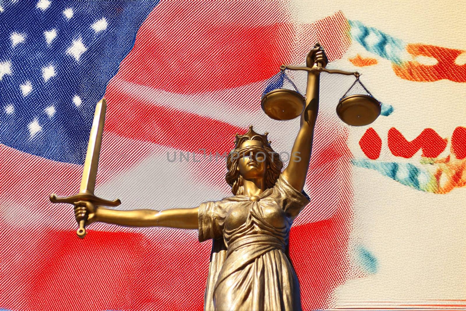 The Statue of Justice, Goddess of Justice in front of the USA flag.