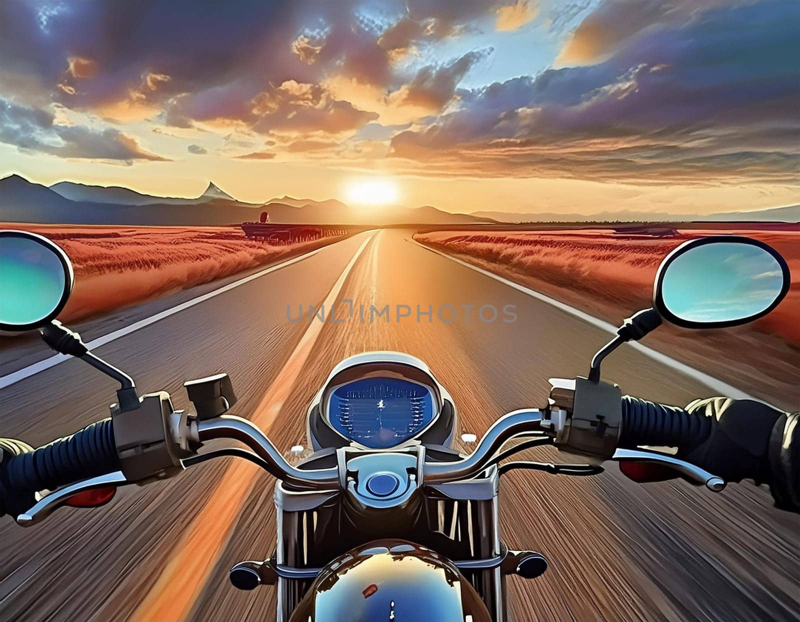 Riding a motorcycle on the street. Have fun driving along empty roads on a motorcycle tour. Copyspace for your individual text.