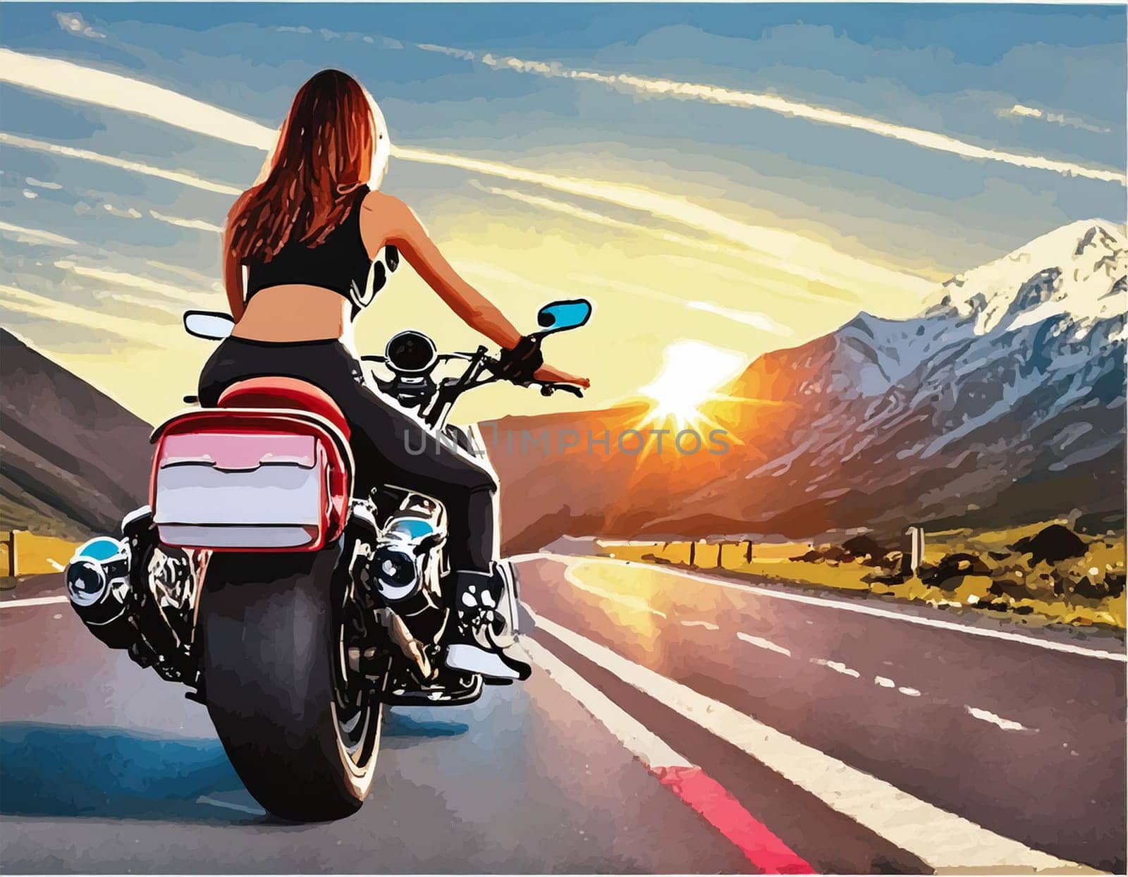 Riding a motorcycle on the street. Have fun driving along empty roads on a motorcycle tour. Copyspace for your individual text.